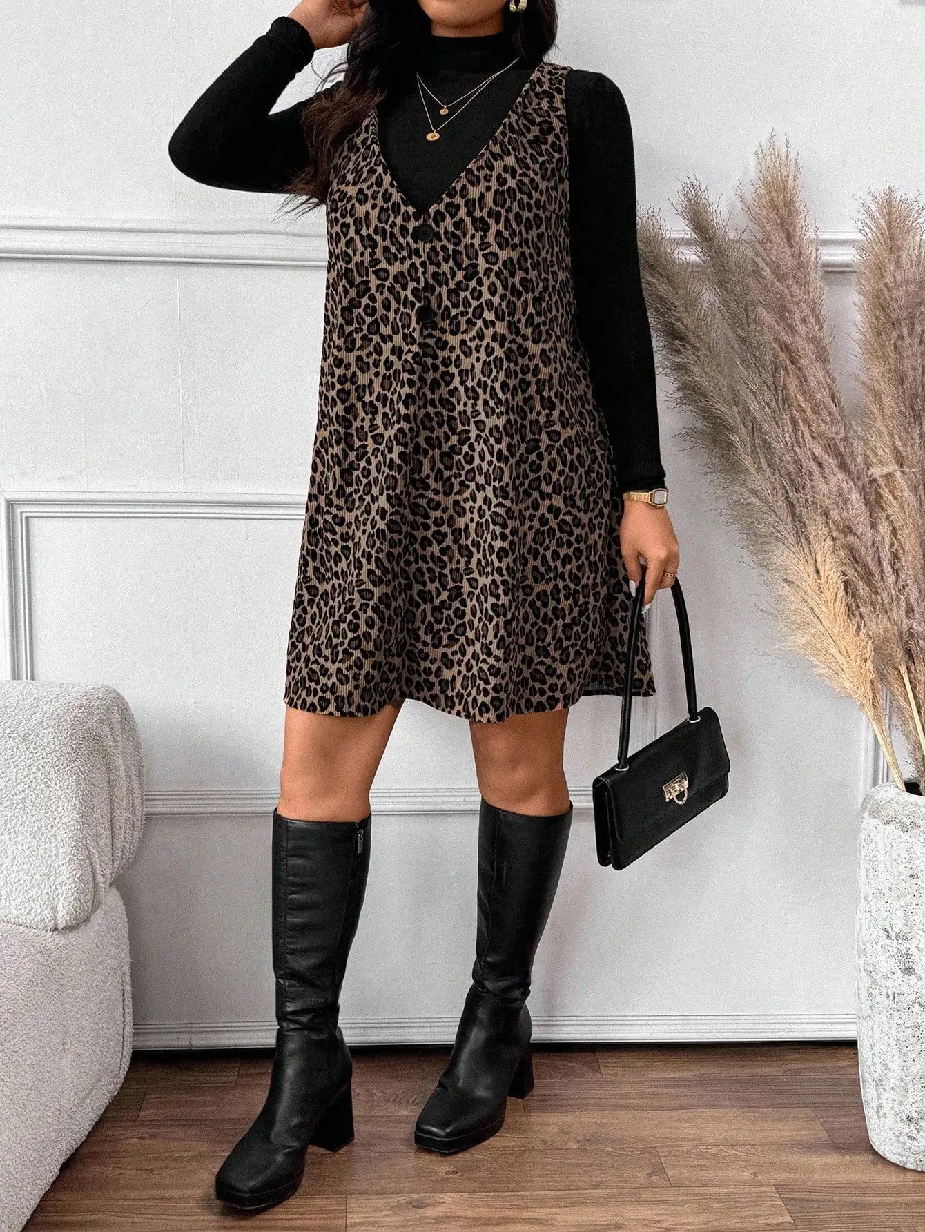 Frenchy Women Plus Size Solid Stand Collar Long Sleeve T-Shirt And Leopard Print Suspender Dress Casual 2 Pieces Set