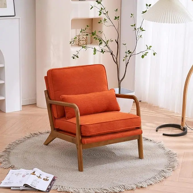 Mid-Century Modern Accent Chair, Living Room Chairs with Pillow Corduroy Upholstered Lounge Armchair with Solid Wood Frame