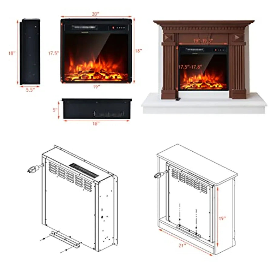 18 Electric Fireplace Insert Heater Wall Recessed/Mounted Fire Places Electric Fireplace with Remote 2 Modes Heat 9H Timer 5 Br