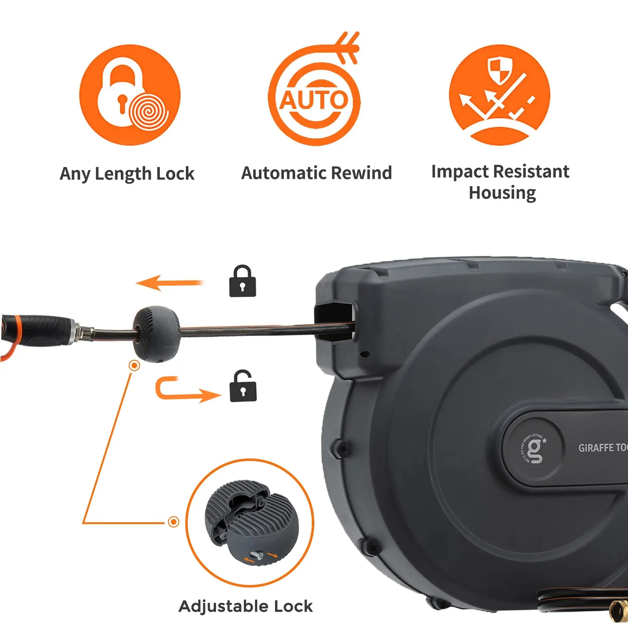 Giraffe Tools AW505/8 Retractable Garden Hose Reel 5/8" x 115+5 ft, Heavy Duty Wall Mounted Water Hose Reel Automatic Rewind