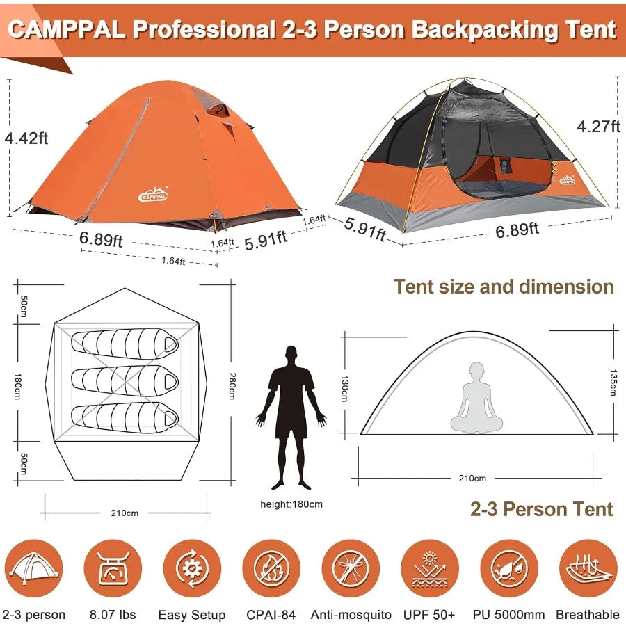 23 Person Backpacking Tent with Double Door 2 Vestibule Waterproof Windproof Lightweight Easy Set Up 3 Season 2 Man Two Person