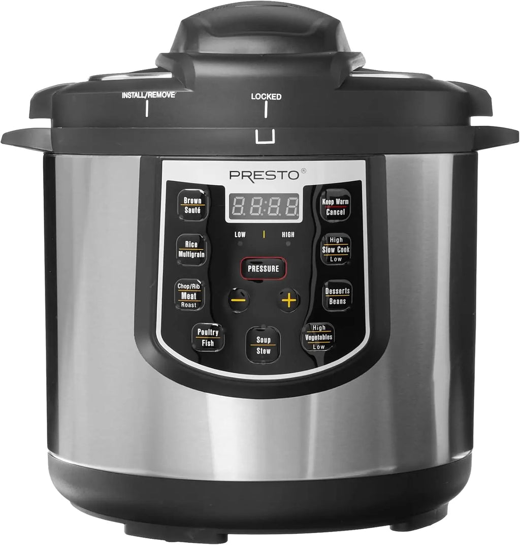 6-Quart Electric Pressure Cooker with Digital Display, Black and Silver Stainless Steel Design, Fast Cooking, Energy