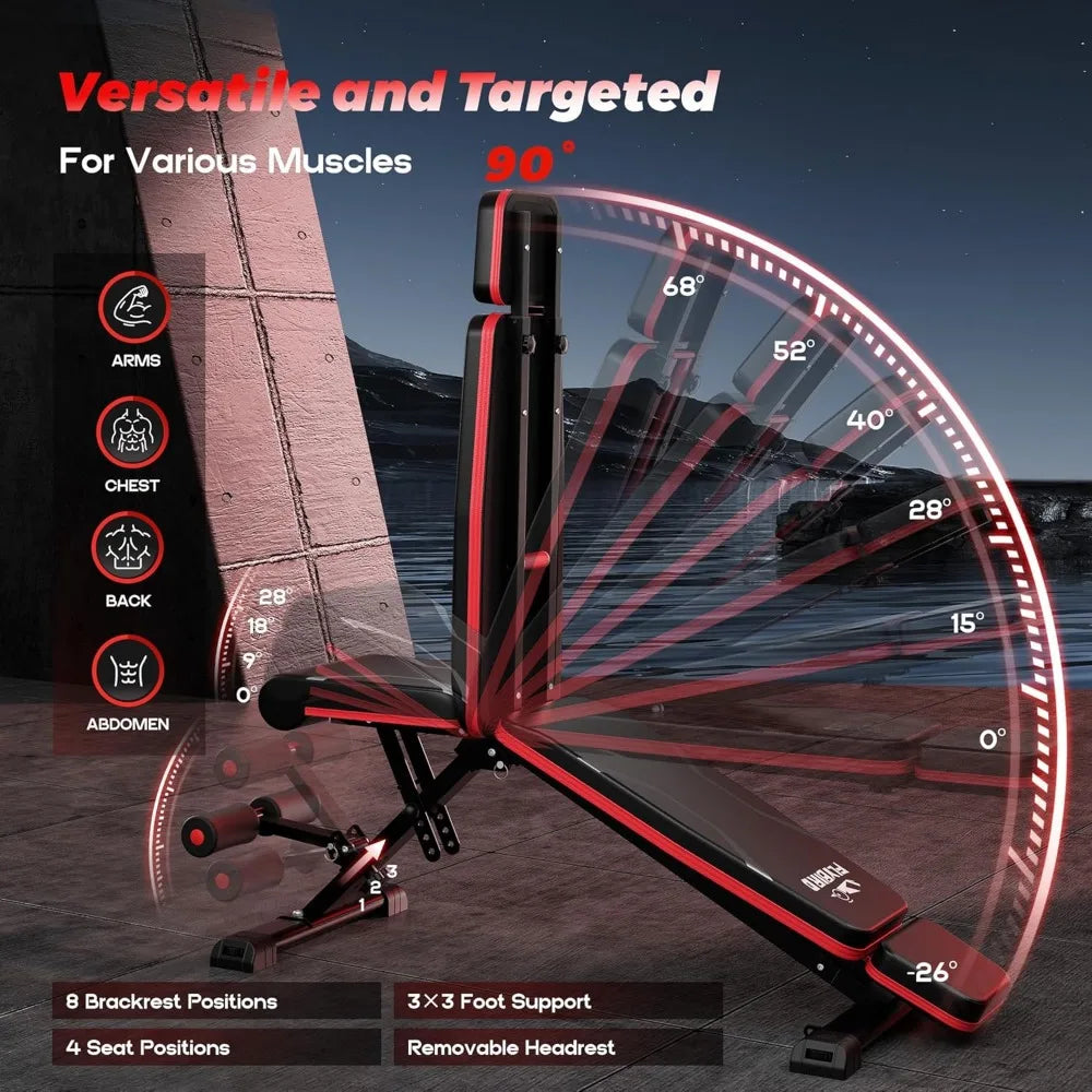 Adjustable weight bench with headrest, foldable exercise bench, suitable for home gym, exercise bench