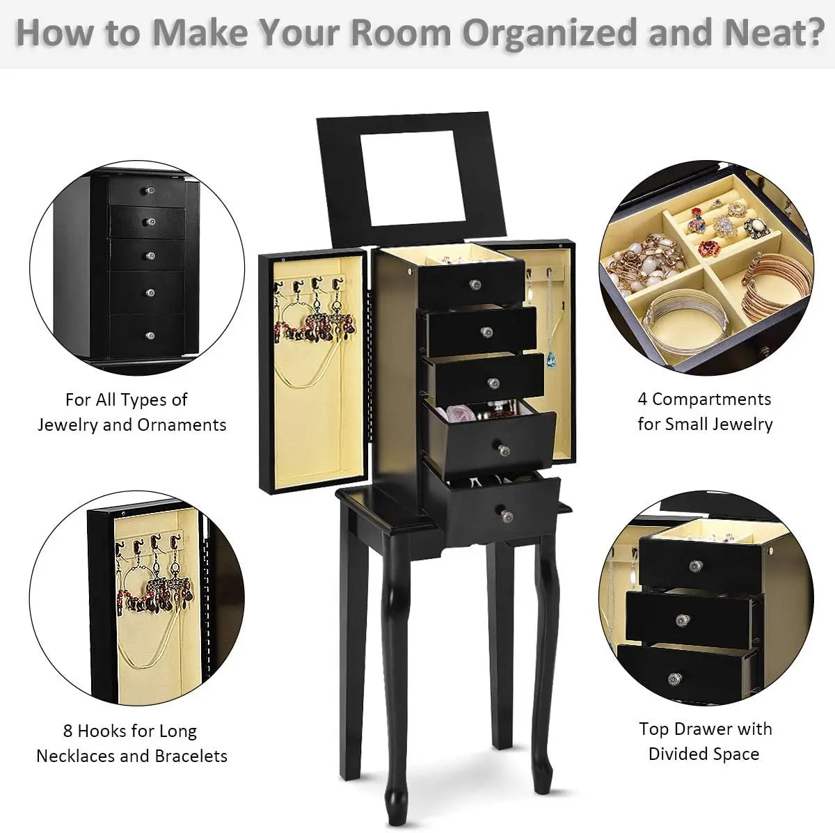 Jewelry Armoire Cabinet Chest Organizer Box Top with Flip Mirror Standing Space-Saving Bedroom Makeup Accessories Storage