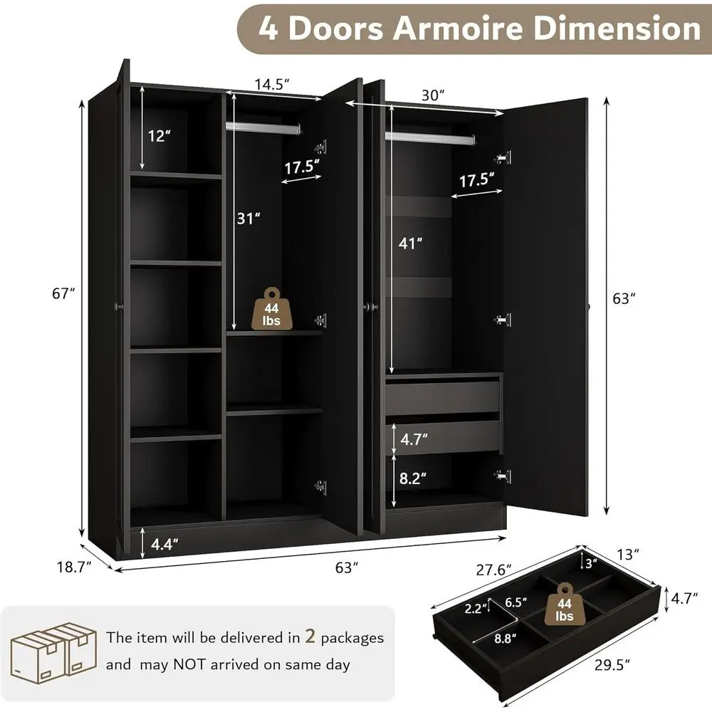 Armoire Wardrobe Closet with 2 Drawers, 63 Large Wardrobe Cabinet with Removable Hanging Rods and Adjustable Shelves, Closet Sto