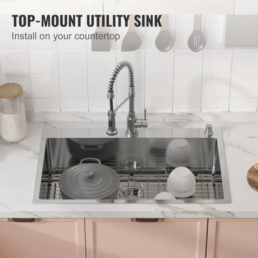 Kitchen Sink,  Drop-In Sinks, Top Mount Single Bowl Basin with Accessories, Household Dishwasher Sinks  and Bar Sink, 33 inch
