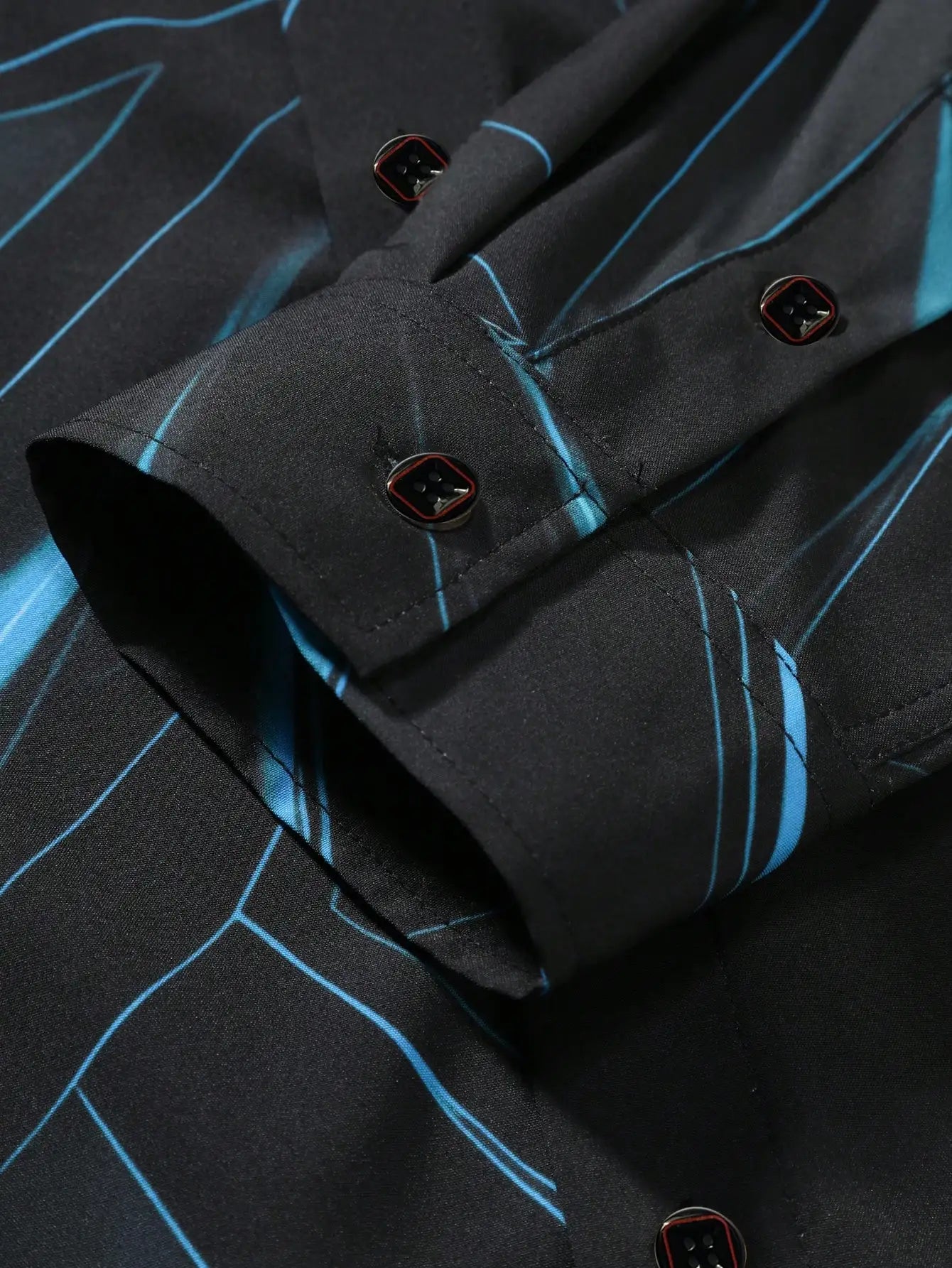 Men's Black Long Sleeve Shirt with Blue Geometric Graphic Pattern, Casual Style