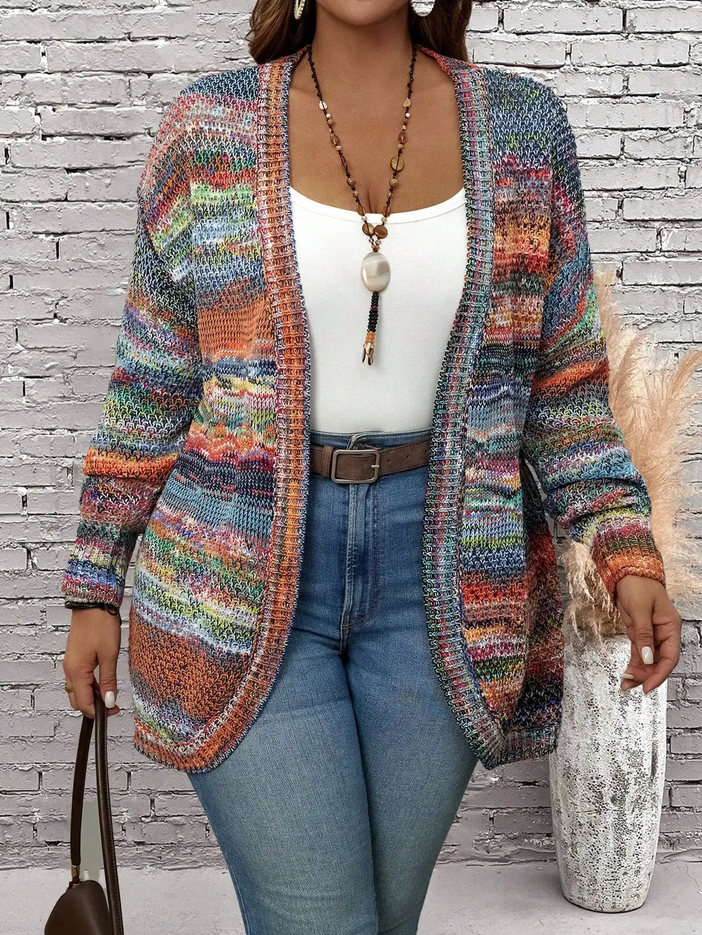 Plus Size Allover Print Casual Knitted Long Sleeve Cardigan, For Winter Fall