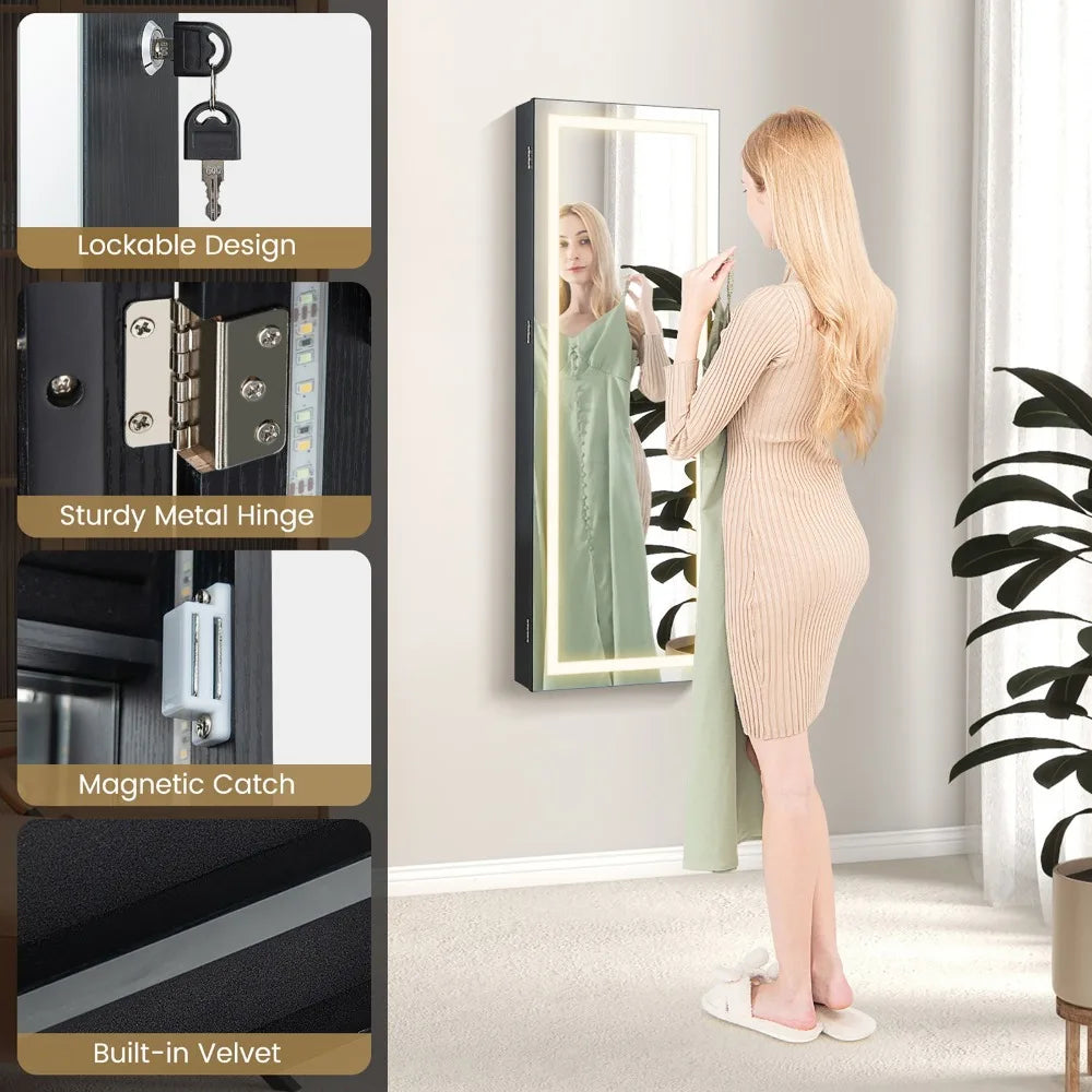 LED Mirror Jewelry Cabinet Wall/Door Mounted Organizer Armoire Black