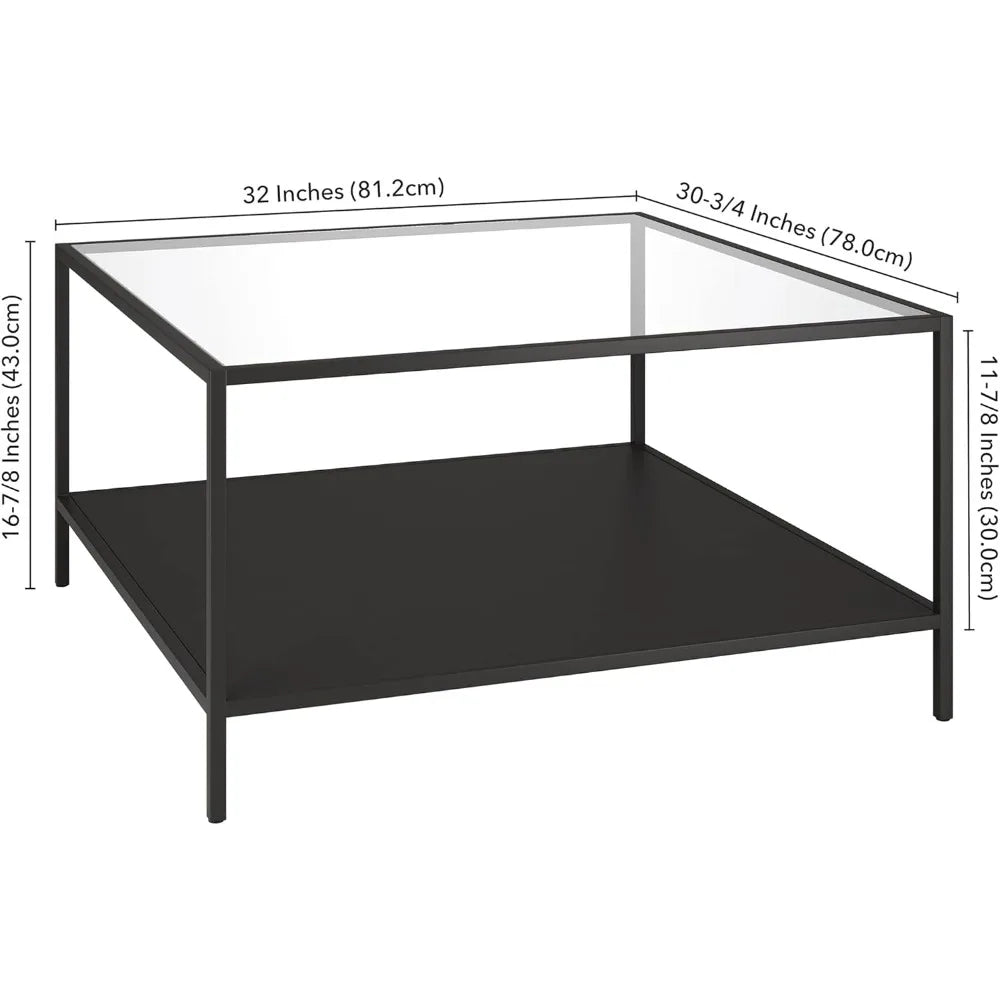 Square 32 Wide Coffee Table with Metal Shelf in Blackened Bronze, Modern coffee tables for living room, studio apartment.
