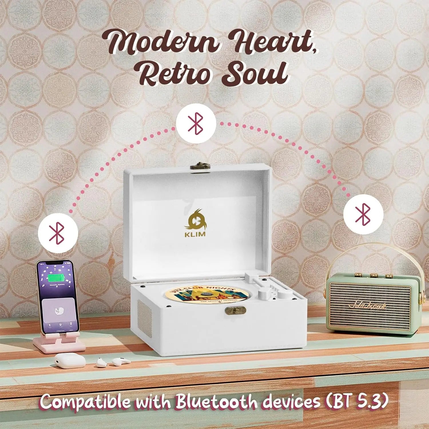 Retro CD Player with Bluetooth, AUX, USB, Rechargeable Battery - Mini White Vintage Style Music Box