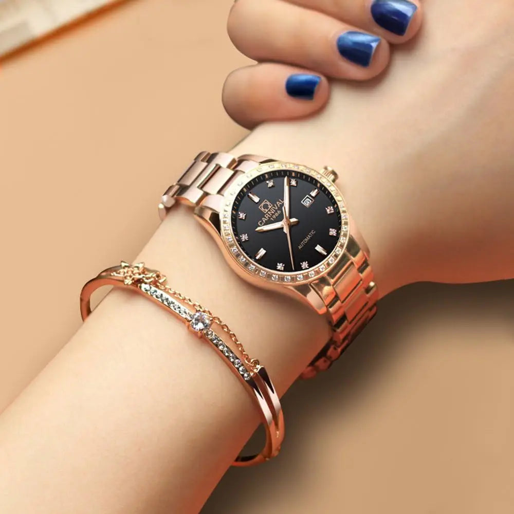 Elegant Blue Sapphire Waterproof Automatic Mechanical Watch for Women, Rose Gold Stainless Steel