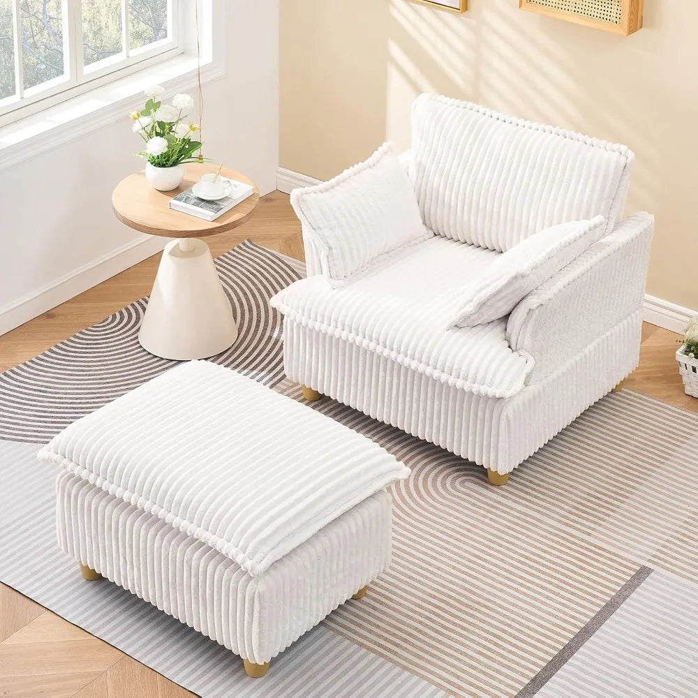 Indoor Corduroy Chaise Lounge Chair, 36" Wide Upholstered Accent Chair with Ottoman, Comfortable Modern Deep Seat Lounge Sofa Ch