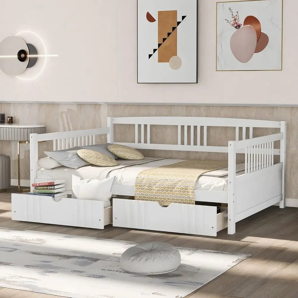 Merax Daybed Full Bed with Drawers, Wooden Slats Support Modern Living Daybed with Rails (White)