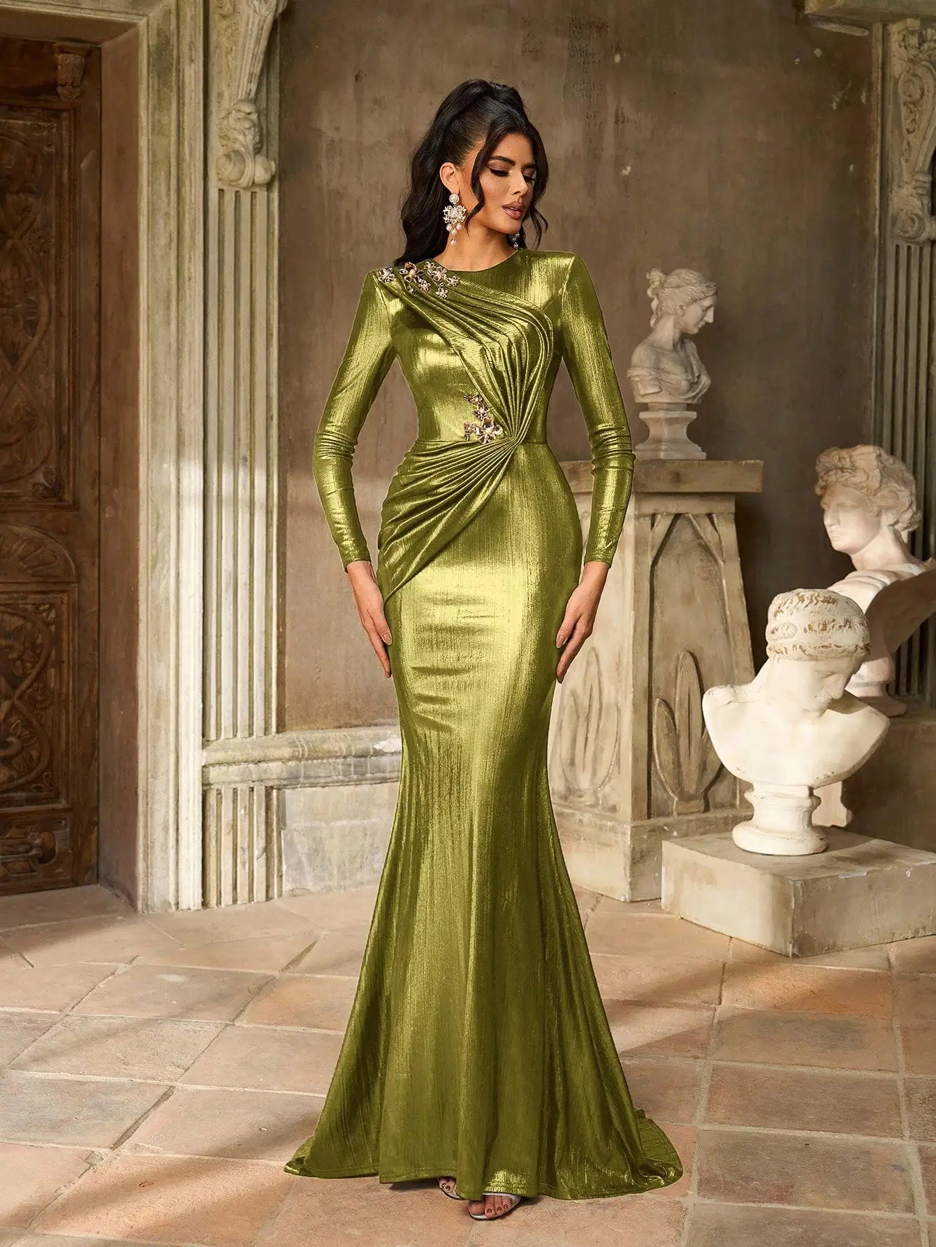 Elegant Deep Brown Metallic Long Sleeve Fishtail Evening Gown with 3D Floral Embellishments