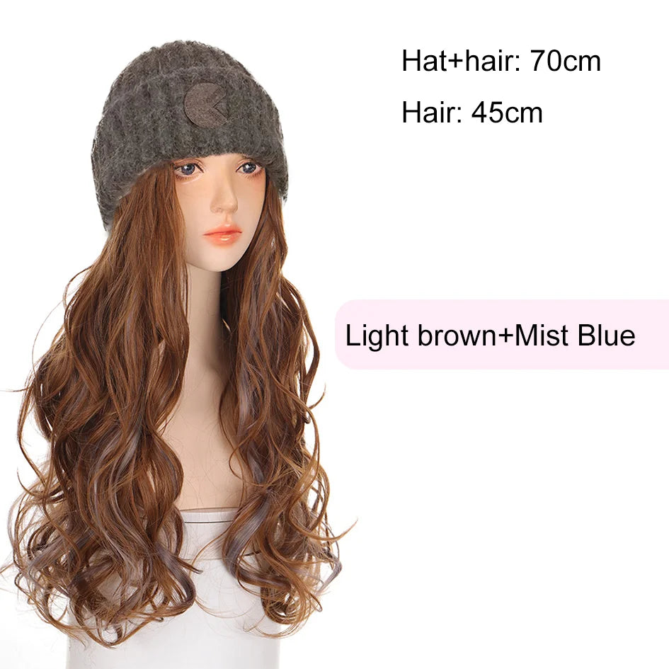 Synthetic 18 inch knitted hat with long curly hair hat wig, wavy wig, winter wig, beige/blue/coffee knitted hat Christmas outfit