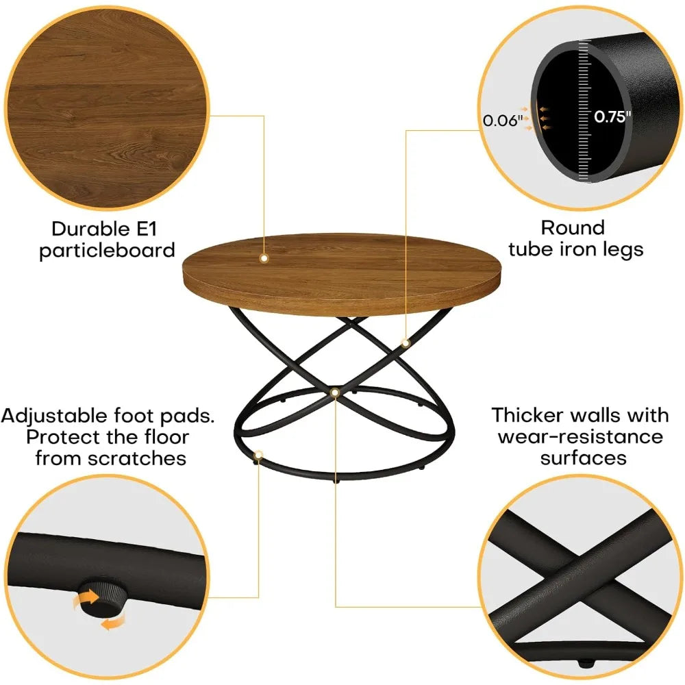 Mid Century Modern Style Round Coffee Table, 31.5 Wood Center with Metal Legs, Updated Furniture for Living Spaces