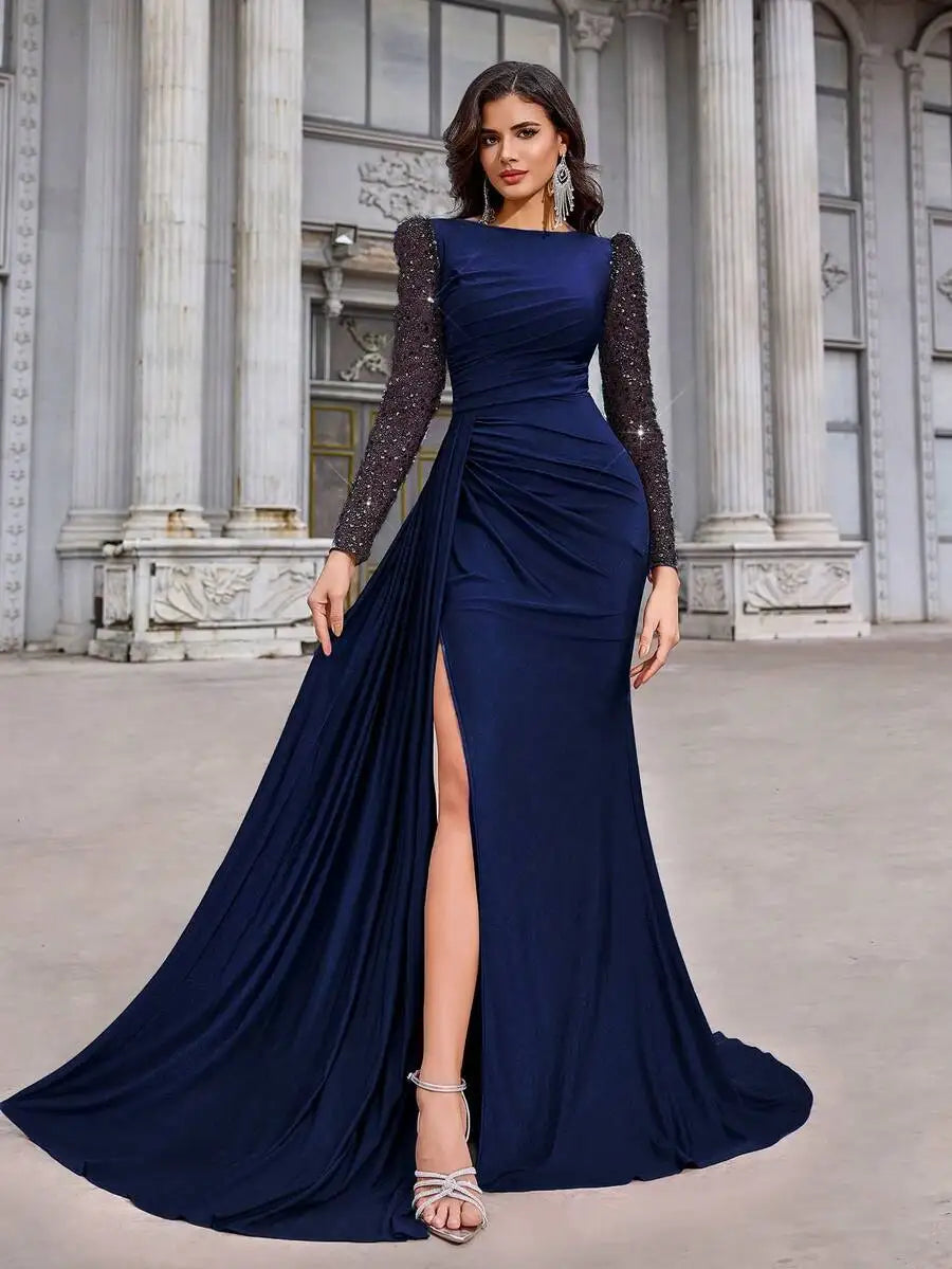 Coffee Brown Sequin Long Sleeve Ruched Fishtail High Slit Evening Dress for Gala Birthday Formal Occasion