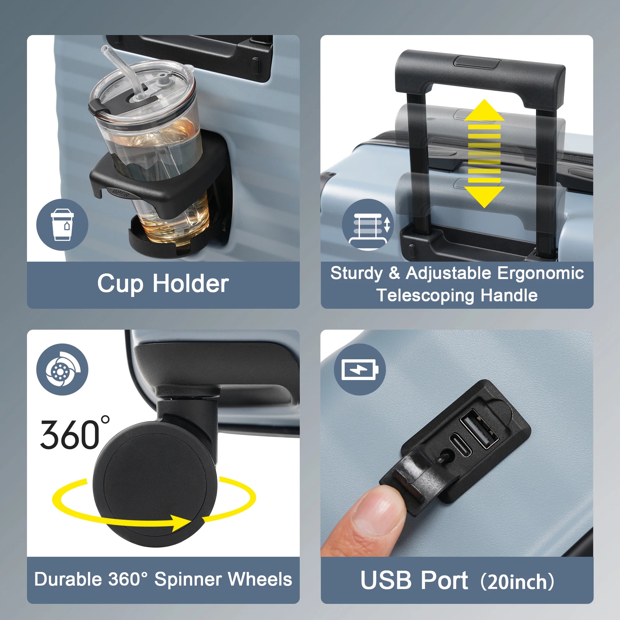 Luggage Sets 5 Piece with Front Opening , Hardside Expandable Carry on Suitcase with Spinner Wheels TSA Lock USB Port Cup Holder