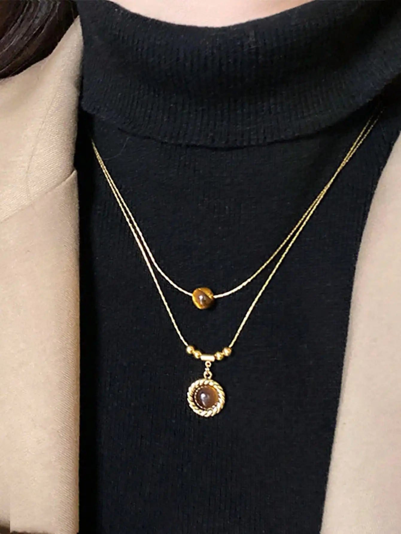 Vintage Multi-Layer Tiger Eye Stone Pendant Necklace for Women, Elegant Clavicle Chain Jewelry Set