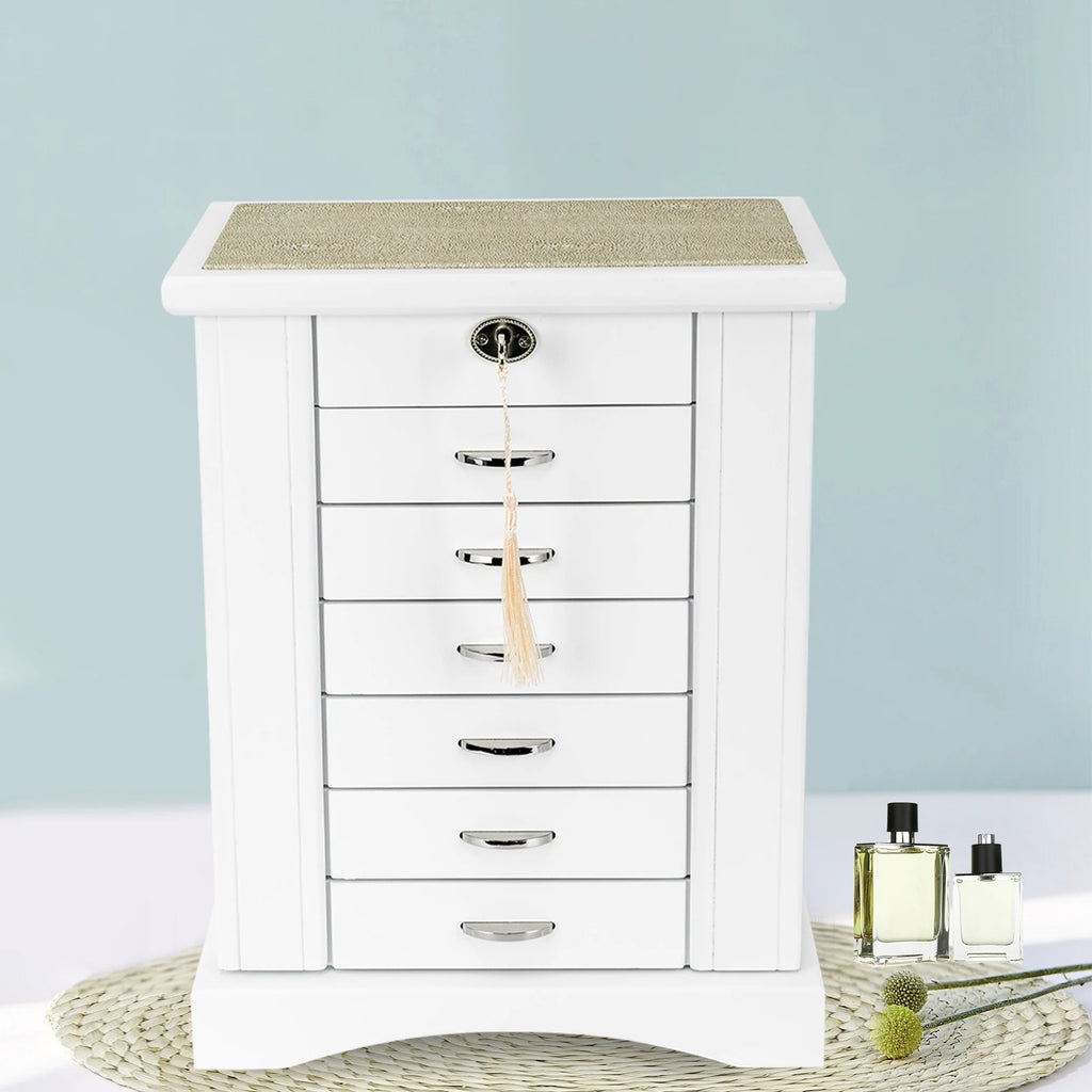 7 Layers Large MDF Jewelry Box,White/Walnut Rectangular Jewelry Box Free-standing for Jewelry Storage