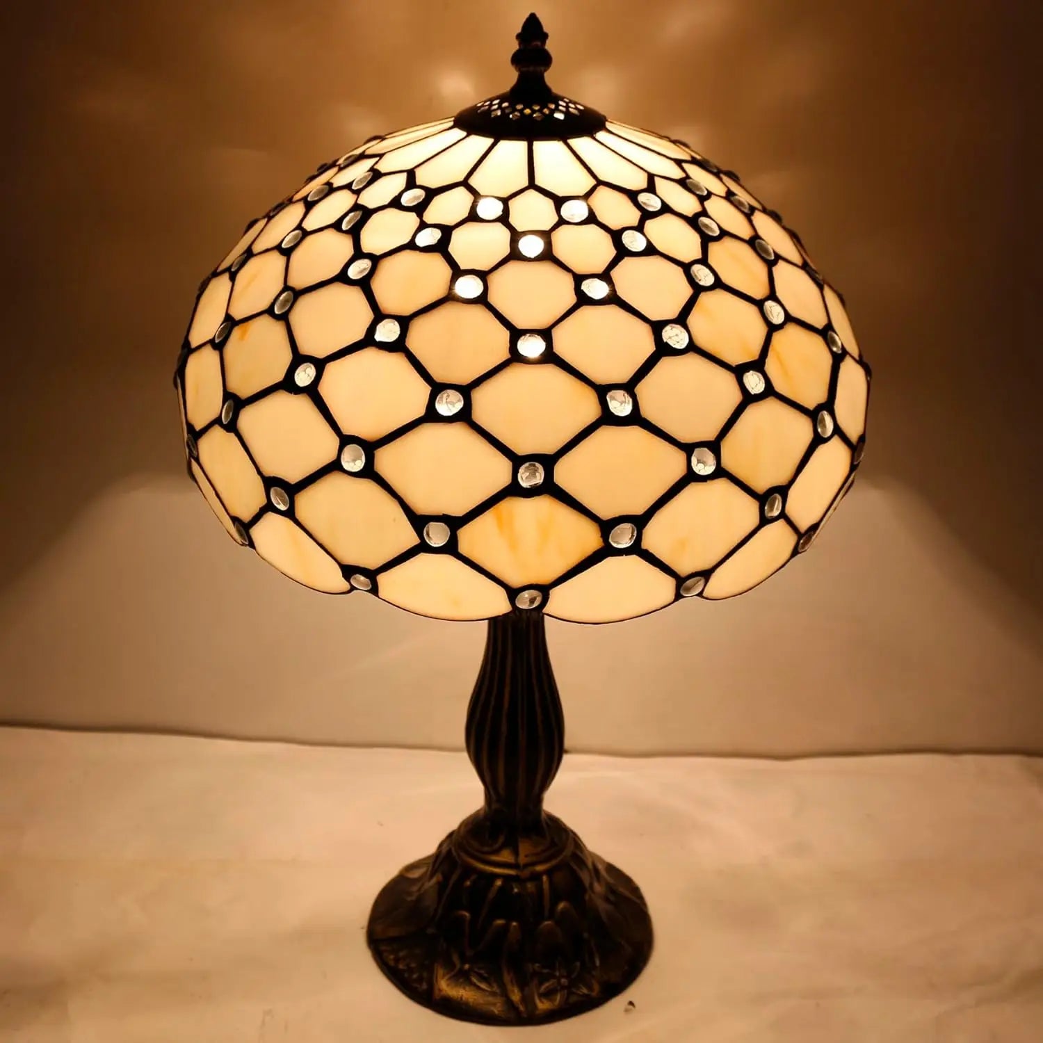 Tiffany Style Table Lamp with Stained Glass Beads, Cream Amber Shade for Bedroom Desk Reading Light 12x12x18 Inches