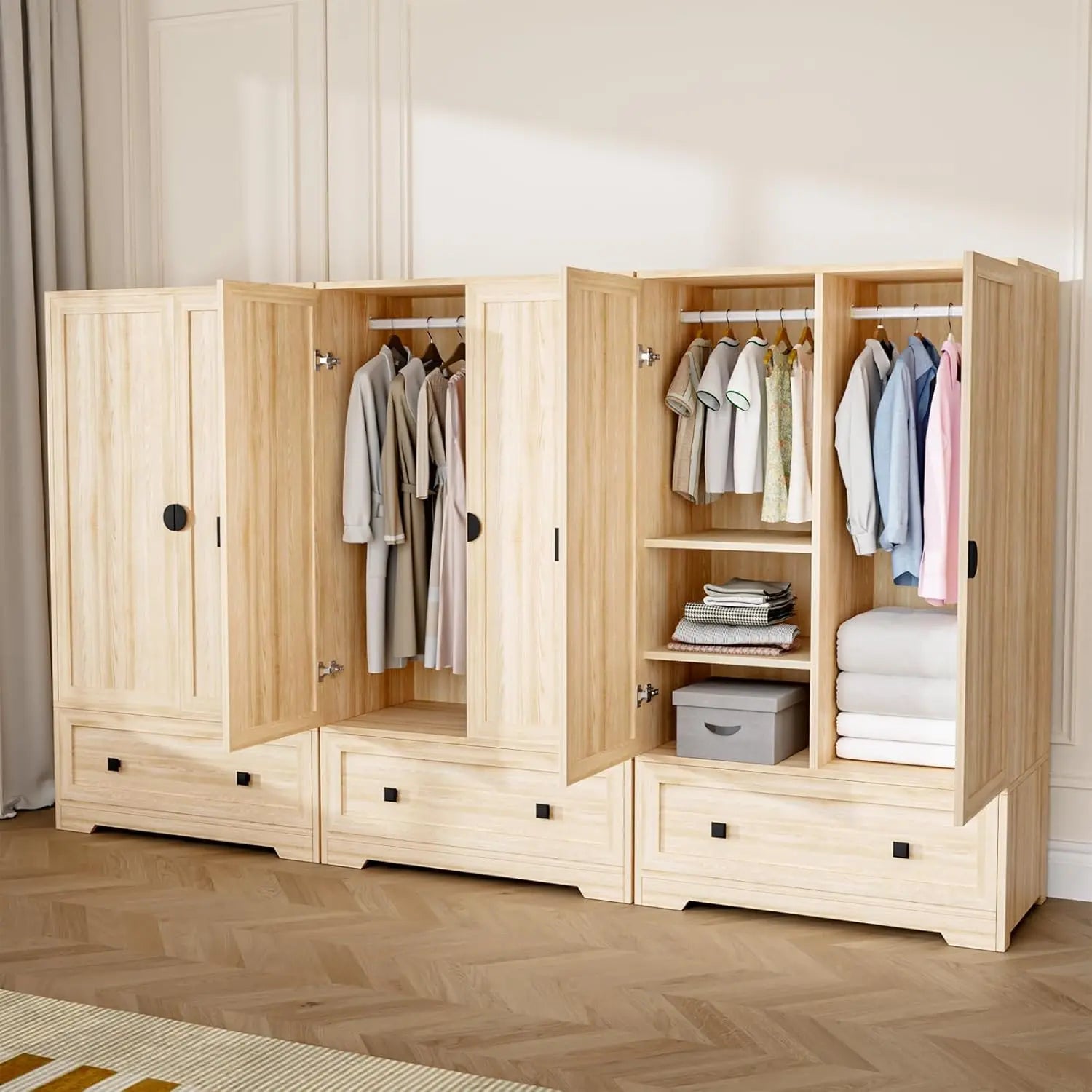 Armoire Wardrobe Closet With Doors, Hanging Rod, Shelves and Drawer - Freestanding Cabinet for Bedroom, Dorm - Oak,, Customized