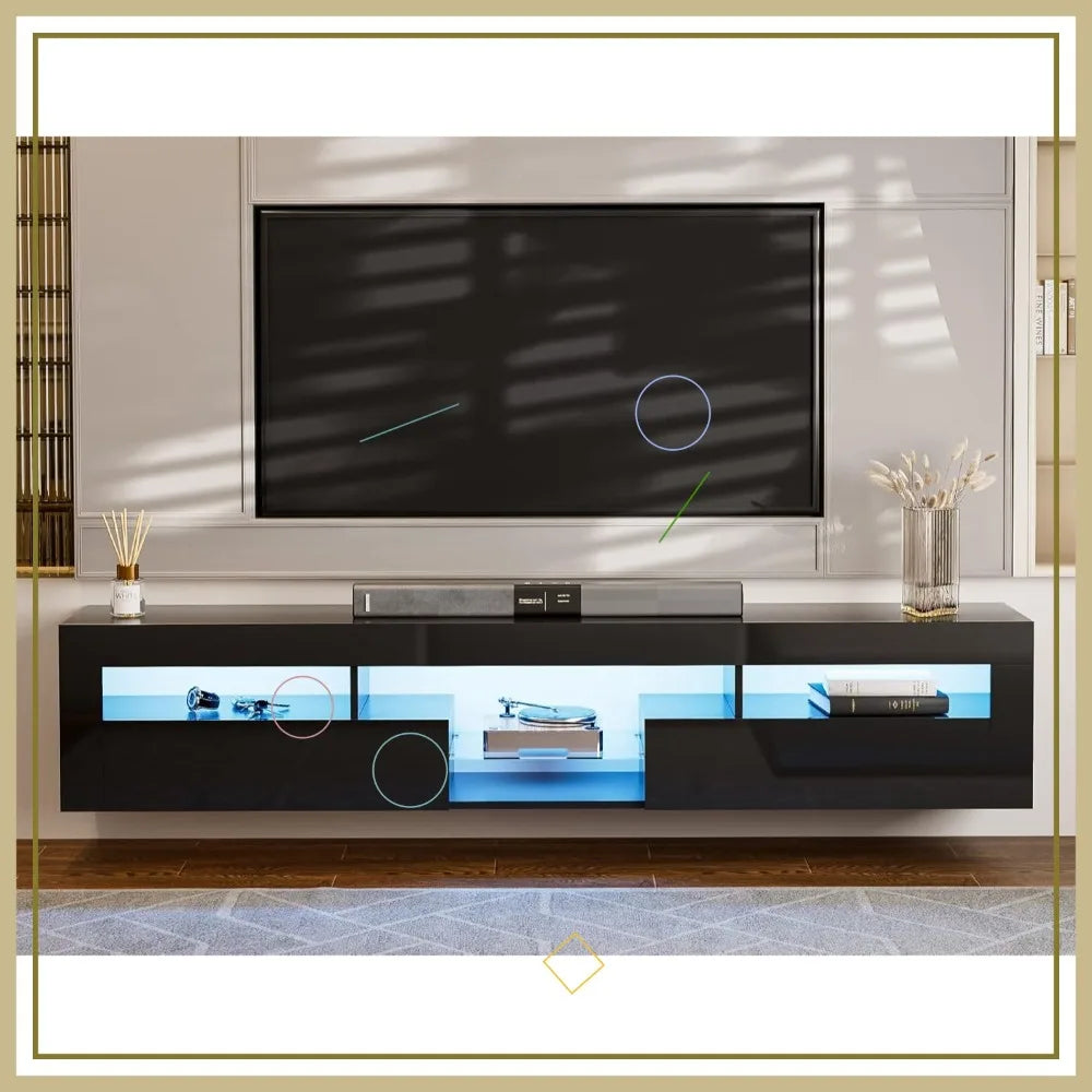 Floating TV Stand for 85 Inch TV, Wall Mounted with Cabinets, Black High Glossy Entertainment Center for Living Room