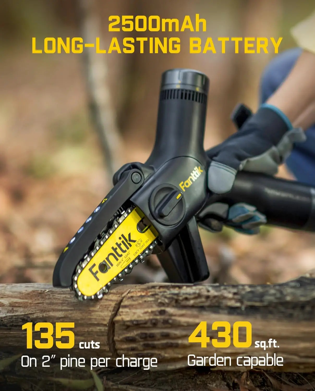 Cordless Mini Chainsaw with Brushless Motor, 3 Speed Adjustment, Type-C Fast Charging, LED Light for Wood and Garden Tools