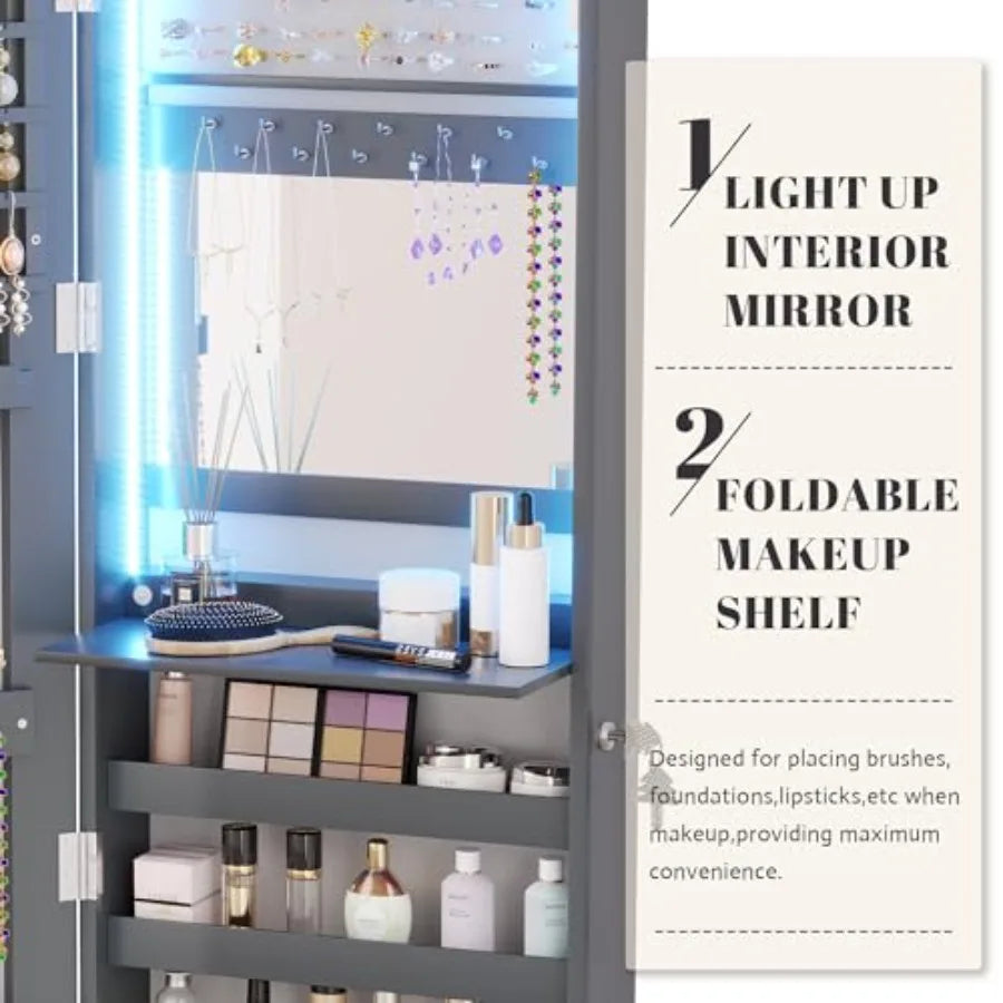 47.2" LED Grey Jewelry Mirror Cabinet Wall/Door Mounted Jewelry Armoire Organizer with Full-Length Mirror Large Capacity Storag