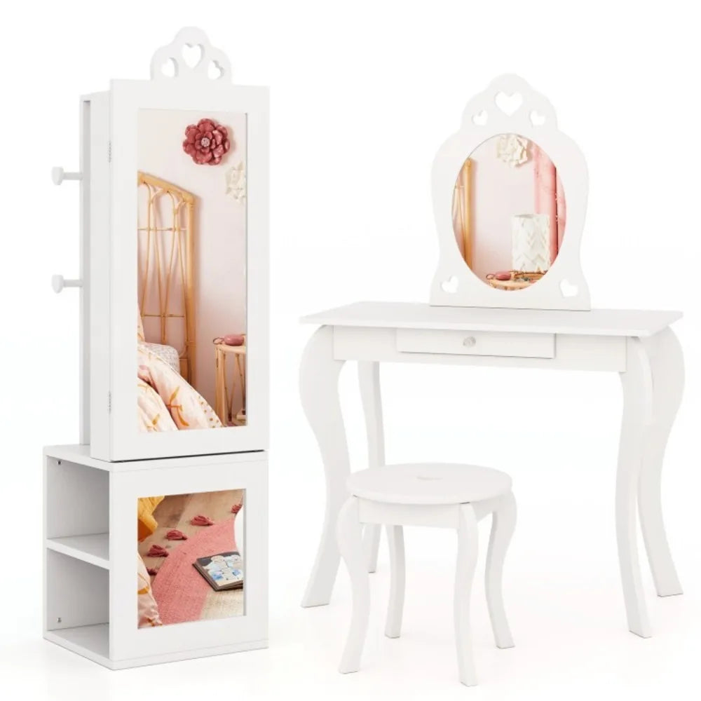 3-in-1 Kids Freestanding Jewelry Organizer Cabinet Armoire w/Full Length Mirror