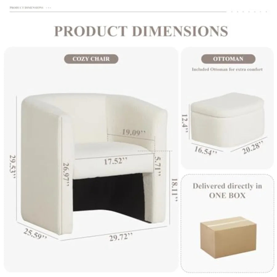 Upholstered Sherpa Barrel Accent Chair with Storage Ottoman Morden Living Room Side Chair Single Sofa Armchair with Lounge Seat