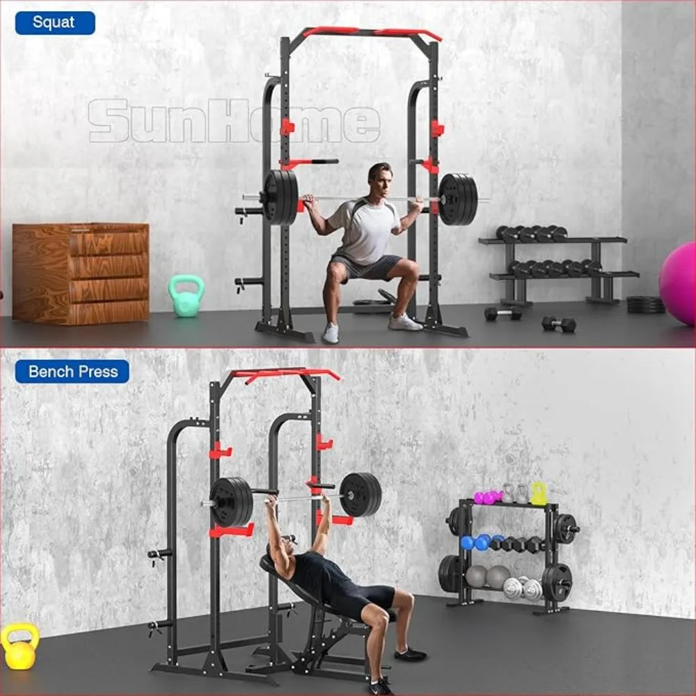 Versatile Fitness Rack with Cable Crossover, J-Hooks, Dip Bars, and Plate Storage