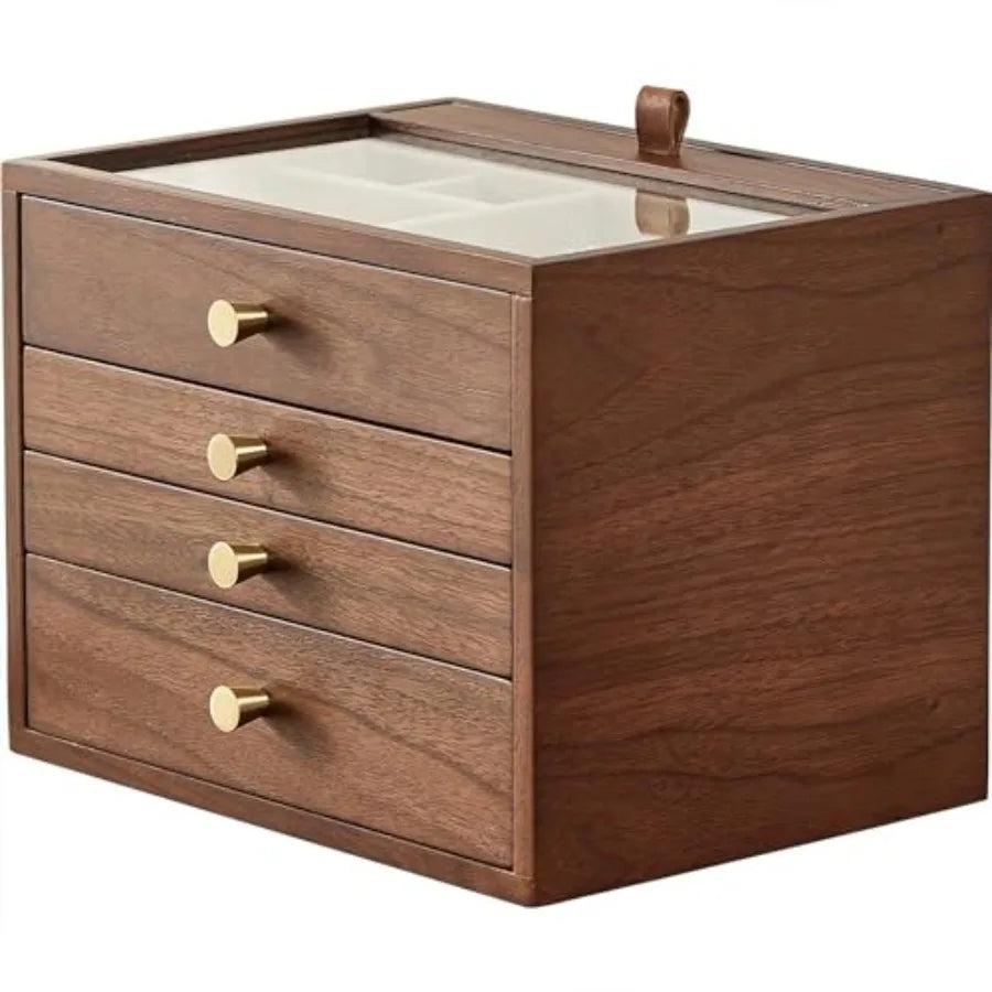 Black Walnut Wooden Jewelry Box for Women 4 Layer with Glass Lid and Pull-out Necklace Storage Layer Watch Necklace Ring Earrin