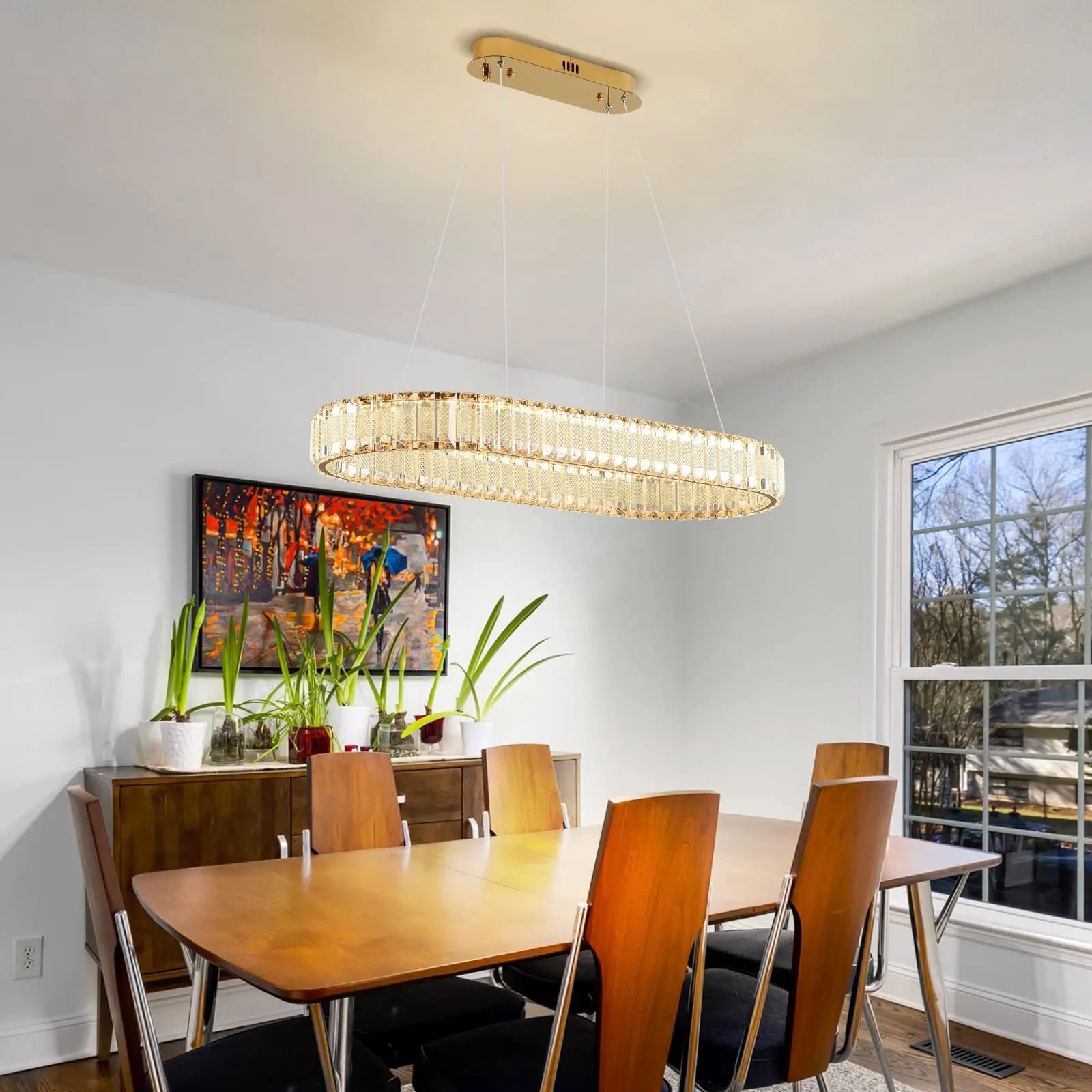 Oval gold pendant lamp, modern crystal pendant lamp, restaurant lighting fixture, pendant lamp, ceiling, living room