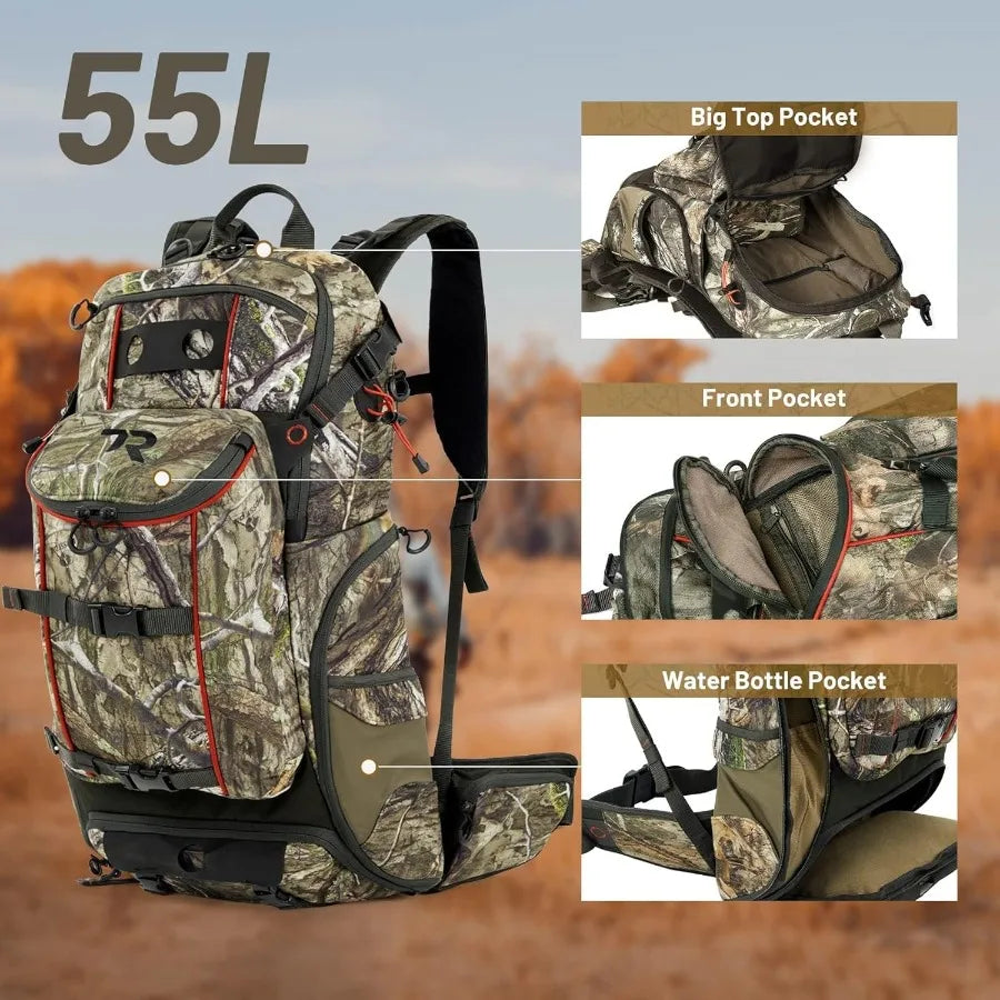 TR Hunting Backpack 3400cuWaterproof Hunting Pack with Rifle Holder Internal Frame Rain Cover Camo Hunting Daypack for Rifle Bo