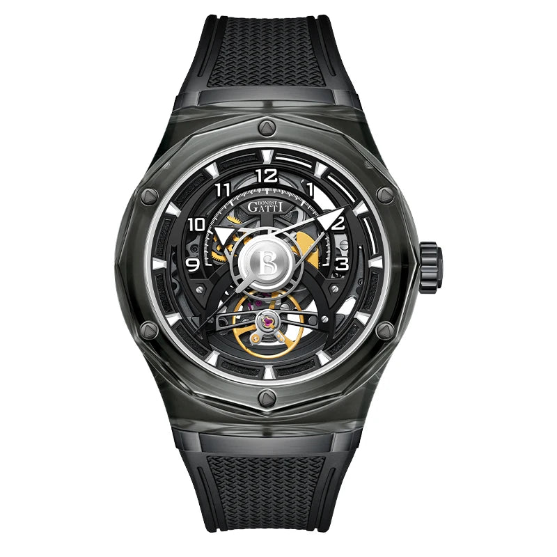 BONEST GATTI men's Watch, fully automatic mechanical watch, skeletonized business sports men's wristwatch with steel strap, Vale