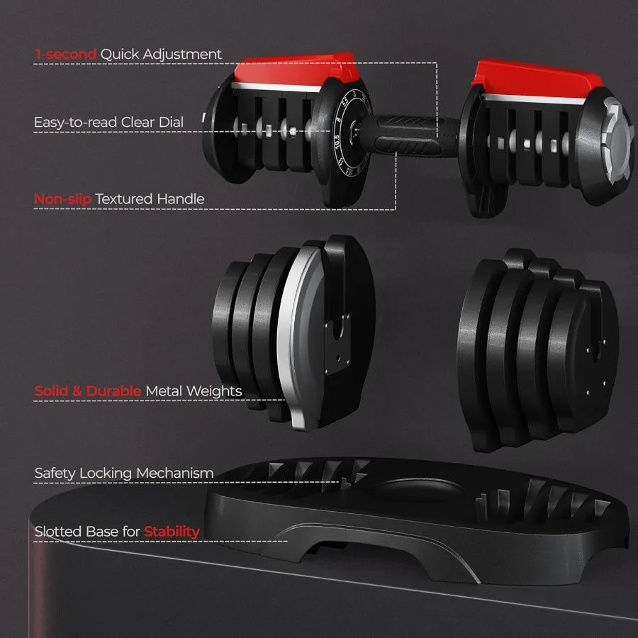 Adjustable Dumbbell Set 28 40 52.5 90LBS Fast Adjust Weight Training Equipment with AntiSlip Handle and Storage Tray for Home G