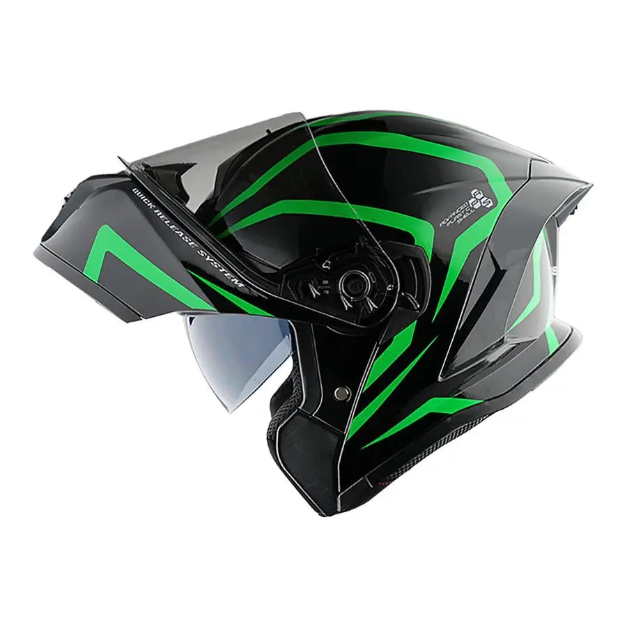 New Motorcycle Bike Modular Full Face Helmet Dual Visor Sun Shield with Rechargeable LED Tail Light LEDX90 Arrow Green
