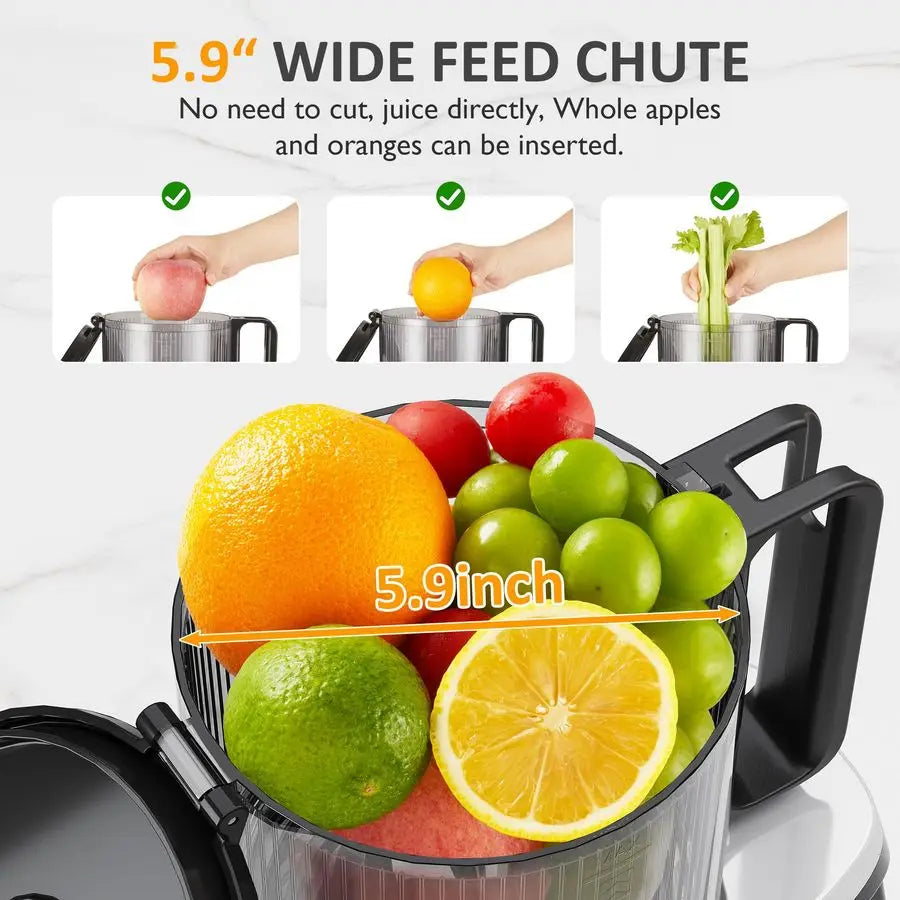 Cold Press Juicer with 5.9 Wide Feed Chute, 250W Slow Masticating Juicer Machines Fit Whole Vegetables amp Fruits, Easy to Clean