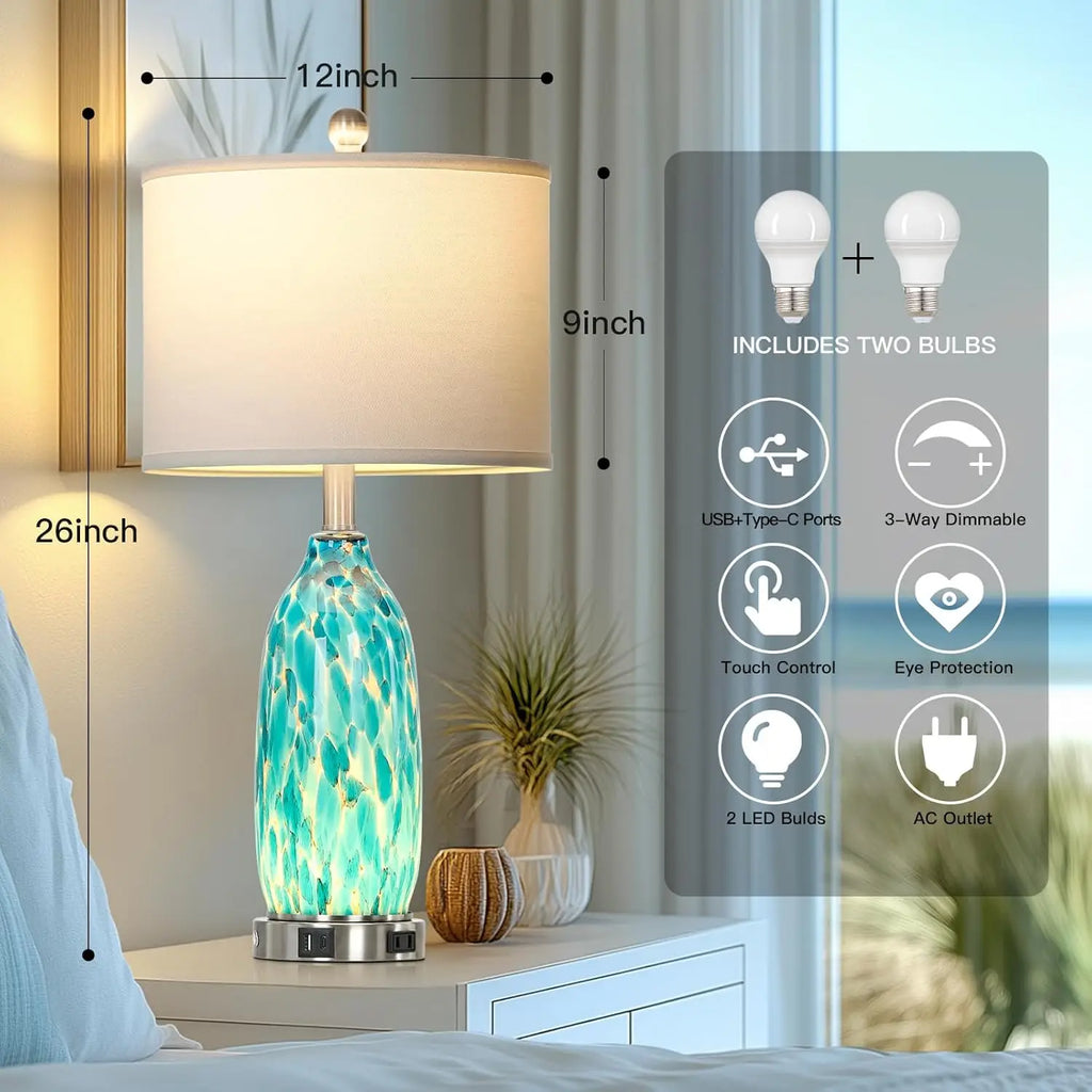 26" Peacock Green Glass Table Lamps Set of 2 with USB Ports, AC Outlet & Night Light for Bedroom Living Room