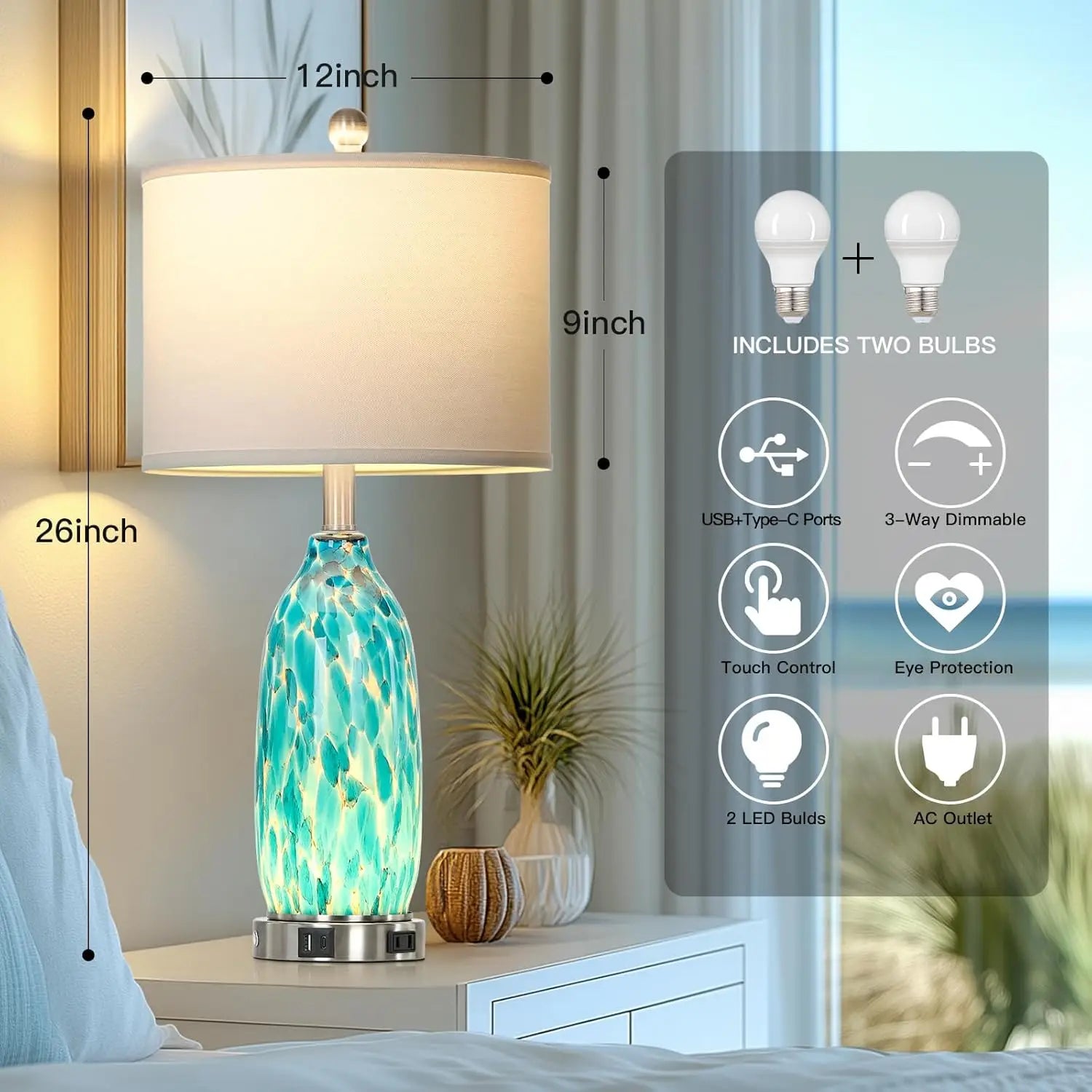 26" Peacock Green Glass Table Lamps Set of 2 with USB Ports, AC Outlet & Night Light for Bedroom Living Room