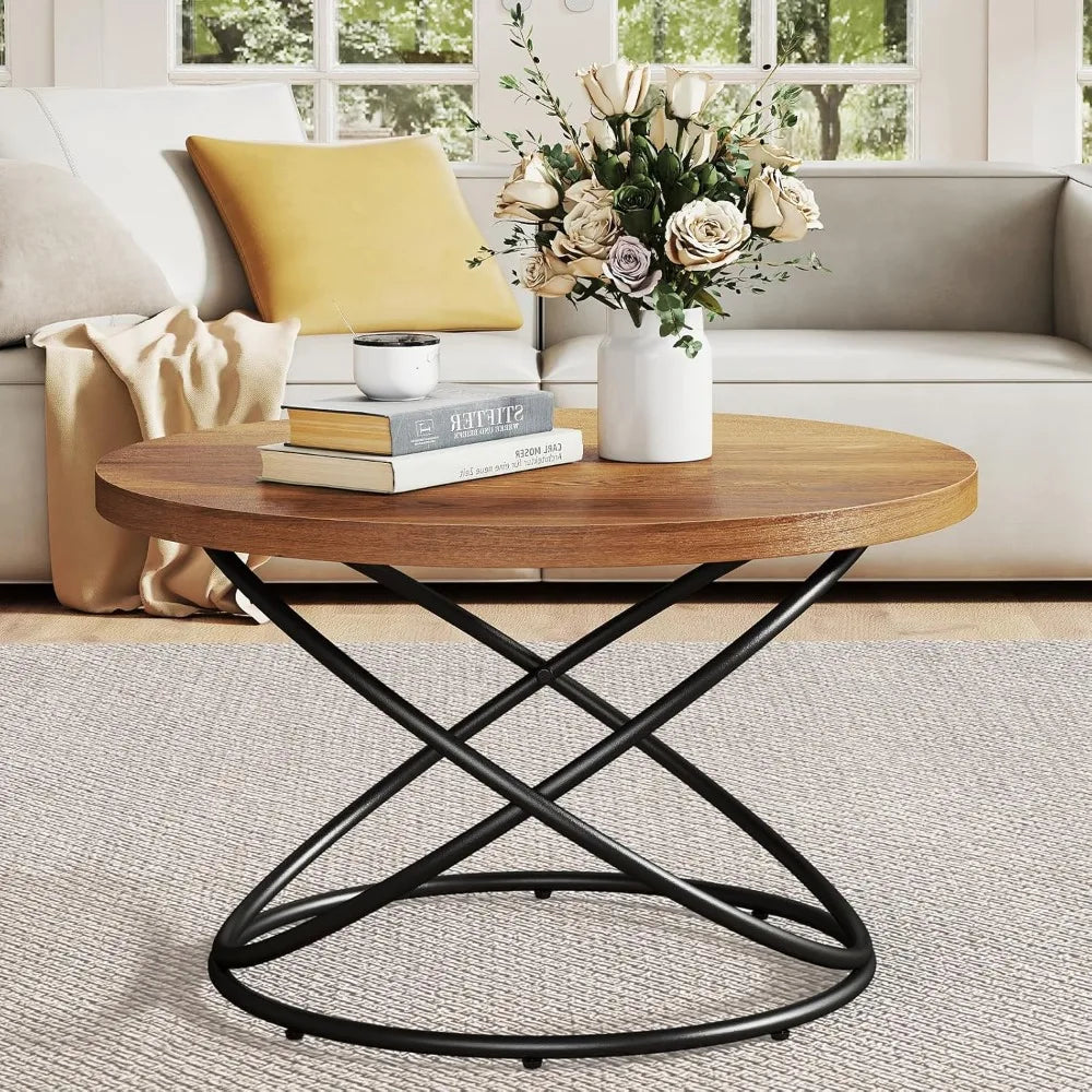 Mid Century Modern Style Round Coffee Table, 31.5 Wood Center with Metal Legs, Updated Furniture for Living Spaces