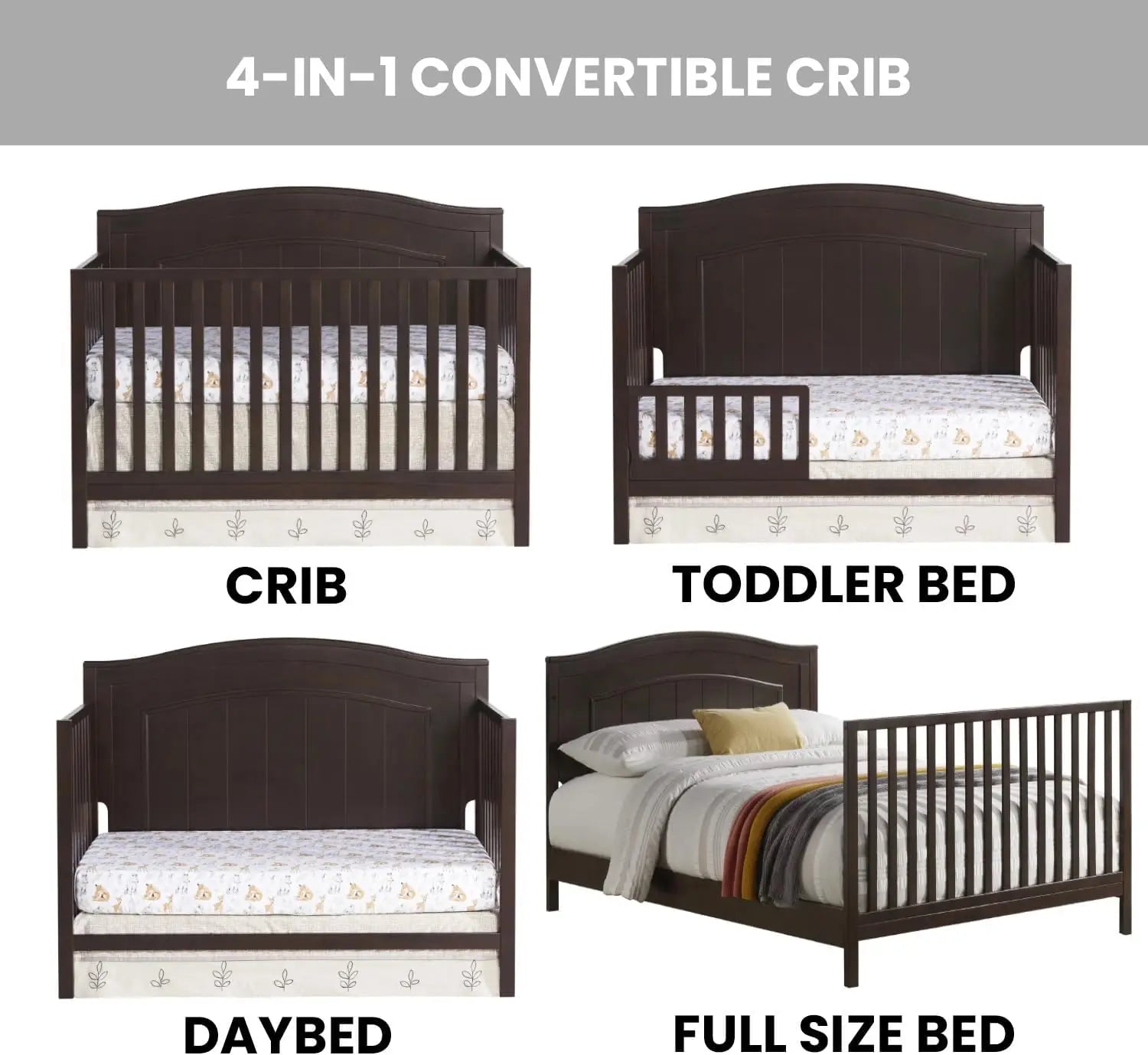 4-in-1 Convertible Crib, Espresso Brown Finish, Greenguard Gold Certified Baby Crib to Toddler Bed Conversion