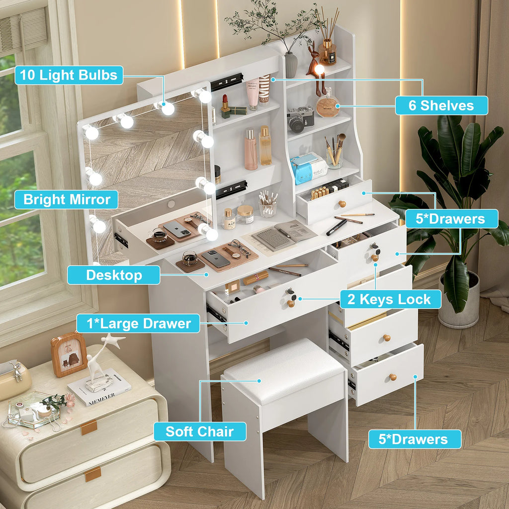 Vanity Set with 10 LED Lighted Mirror Makeup Dressing Table Dresser Desk & Stool