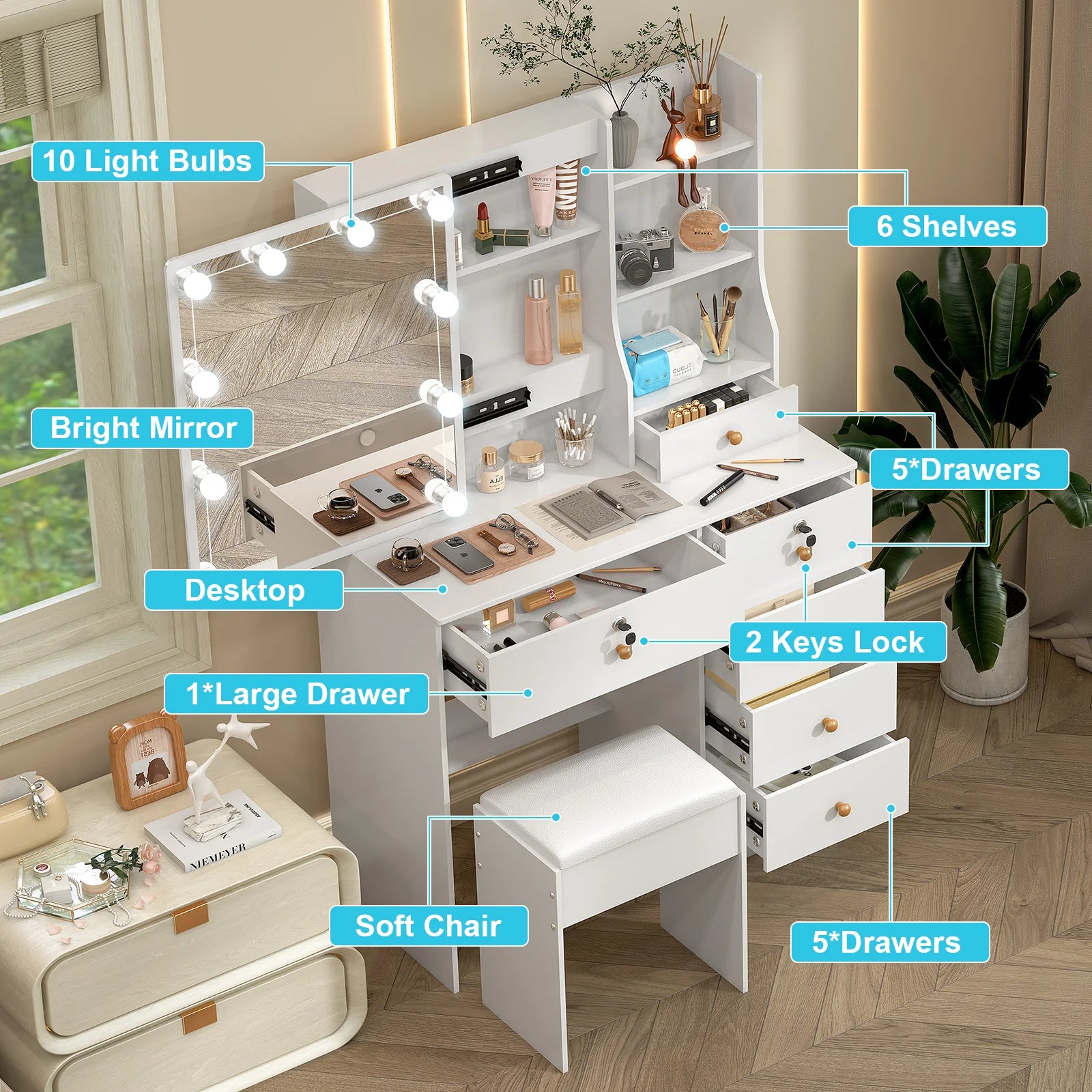 Vanity Set with 10 LED Lighted Mirror Makeup Dressing Table Dresser Desk & Stool