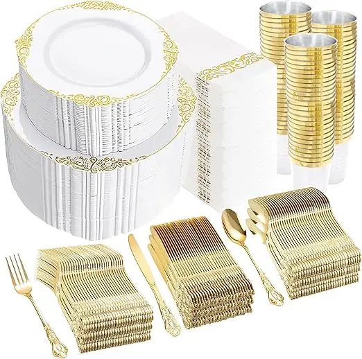 700PCS Gold Plastic Dinnerware Set - White and Gold Disposable Plates for 100 Guest - 200 Disposable Plates, 300 Heavy Duty