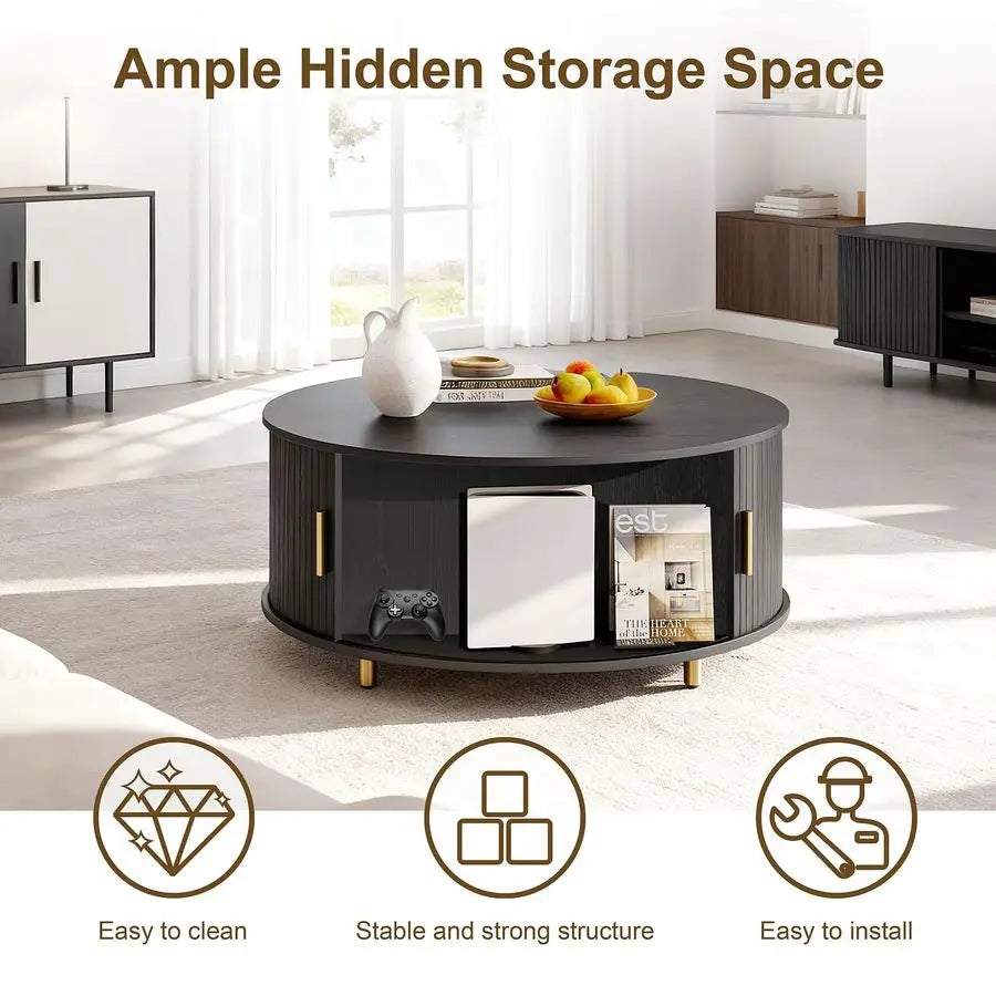 Round Coffee Table, 31.5 Mid Century Modern Coffee Table with 360 Sliding Tambour Door, Fluted Accent Coffee Table with Storage