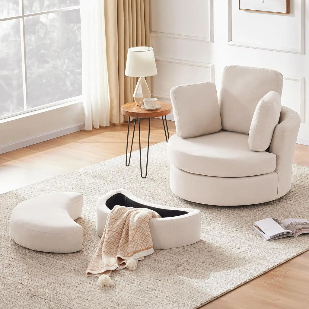 39' Swivel Accent Chair with Headrest & Ottoman, Beige Chaise Lounge for Living Room