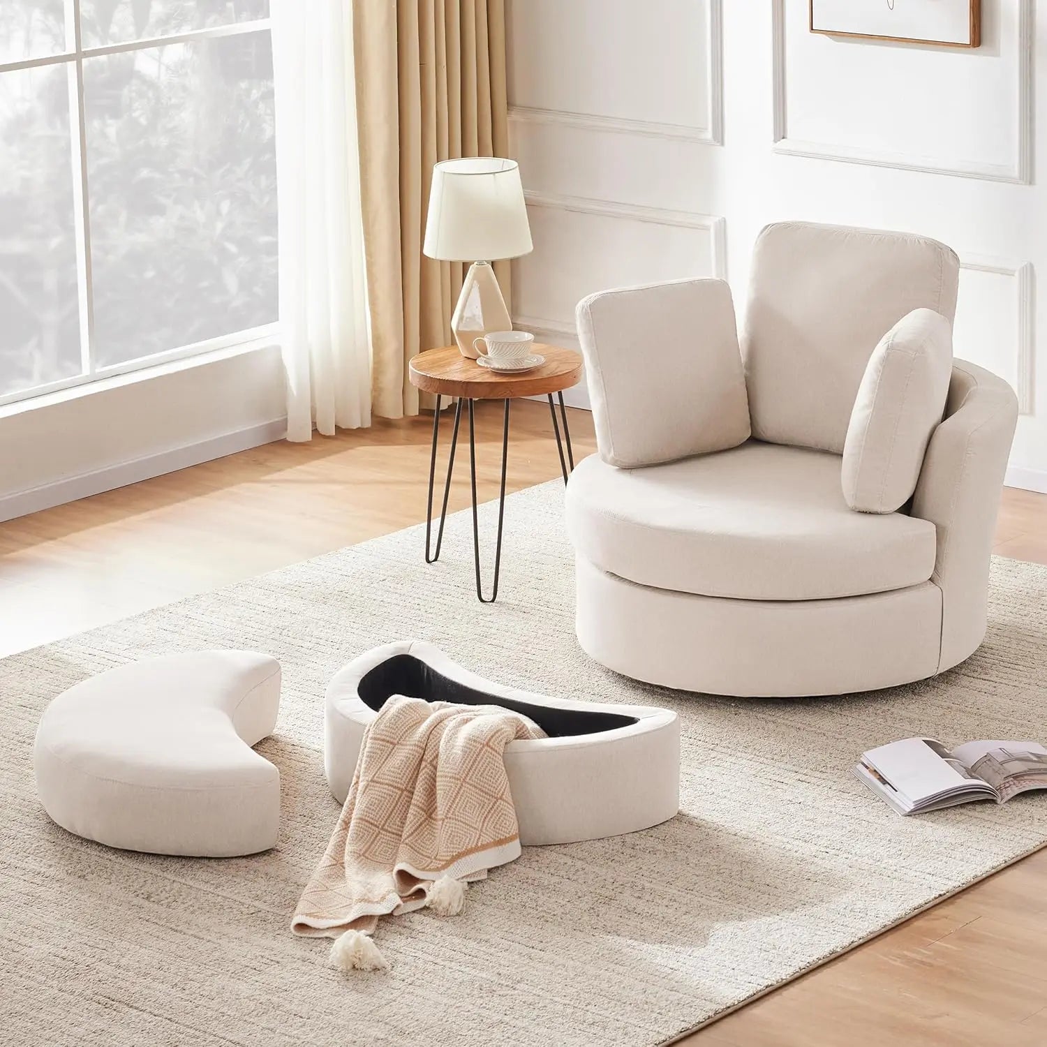 39' Swivel Accent Chair with Headrest & Ottoman, Beige Chaise Lounge for Living Room